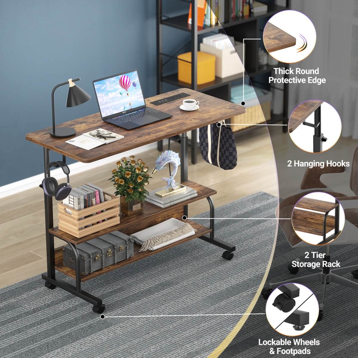 32" Height Adjustable Standing Desk with Power Outlets and Shelves