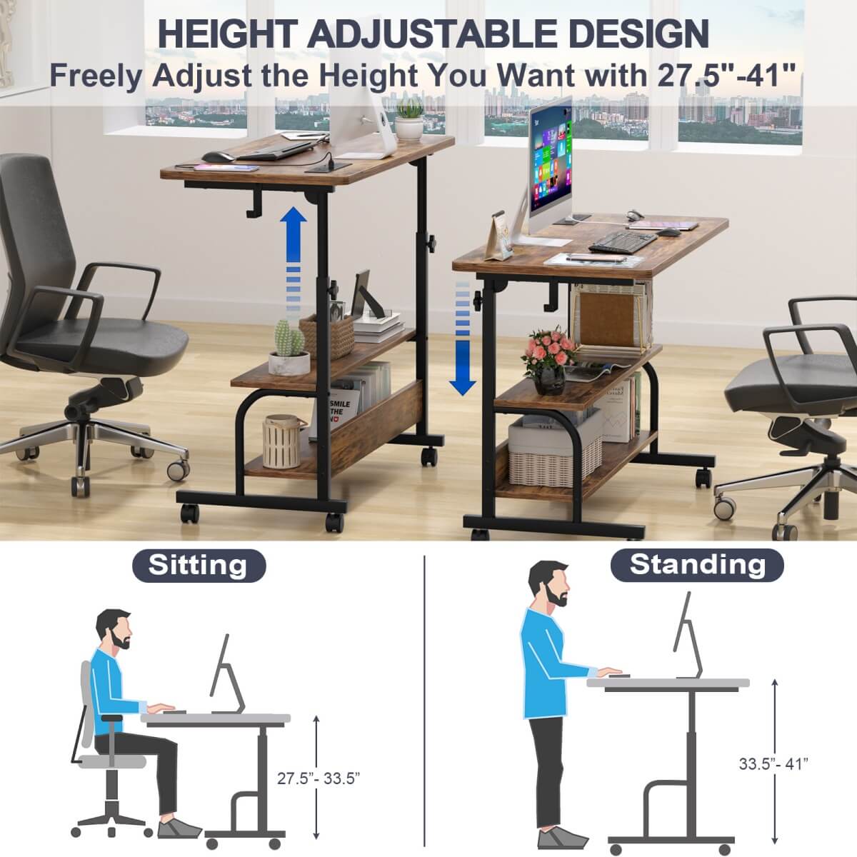 32" Height Adjustable Standing Desk with Power Outlets and Shelves