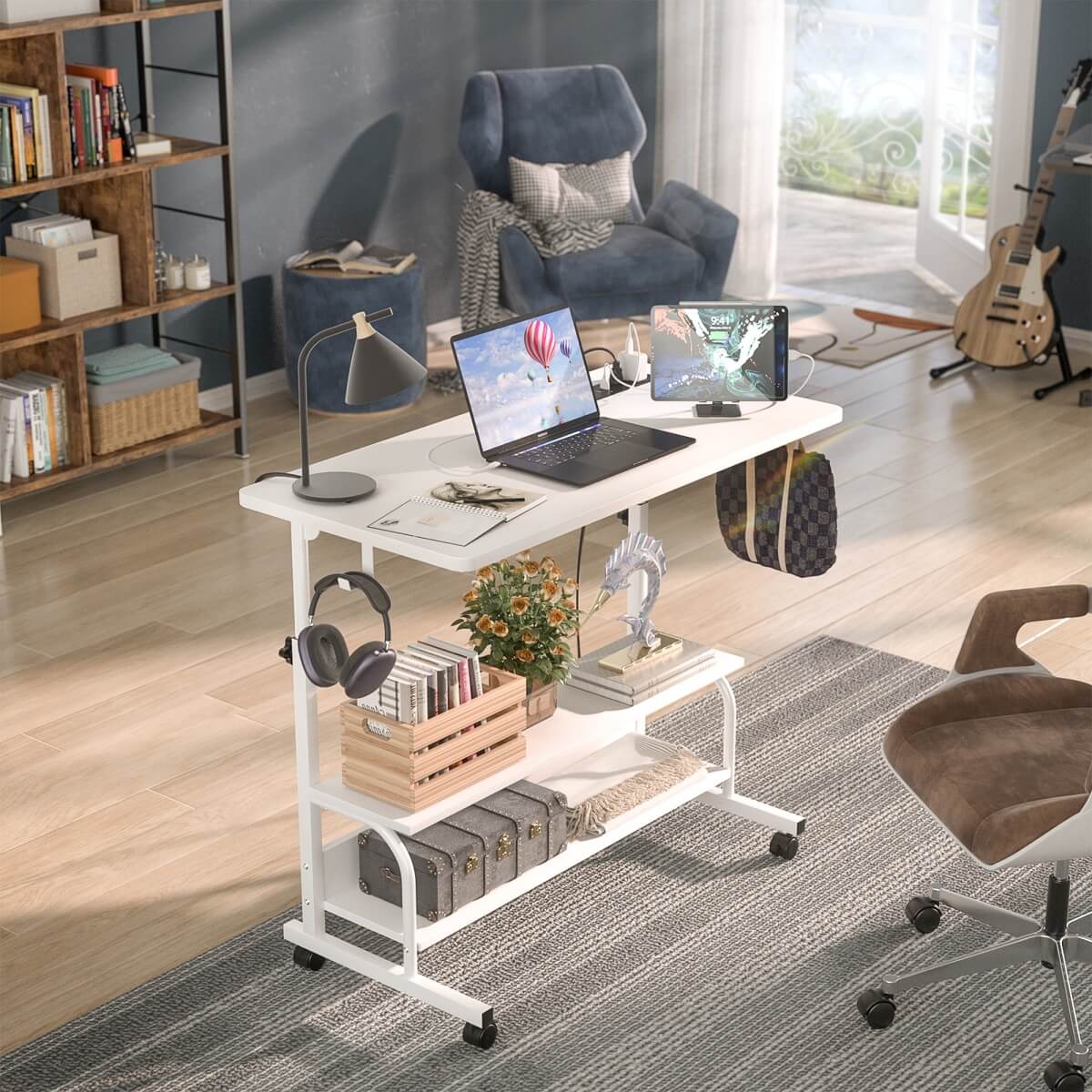 32" Height Adjustable Standing Desk with Power Outlets and Shelves