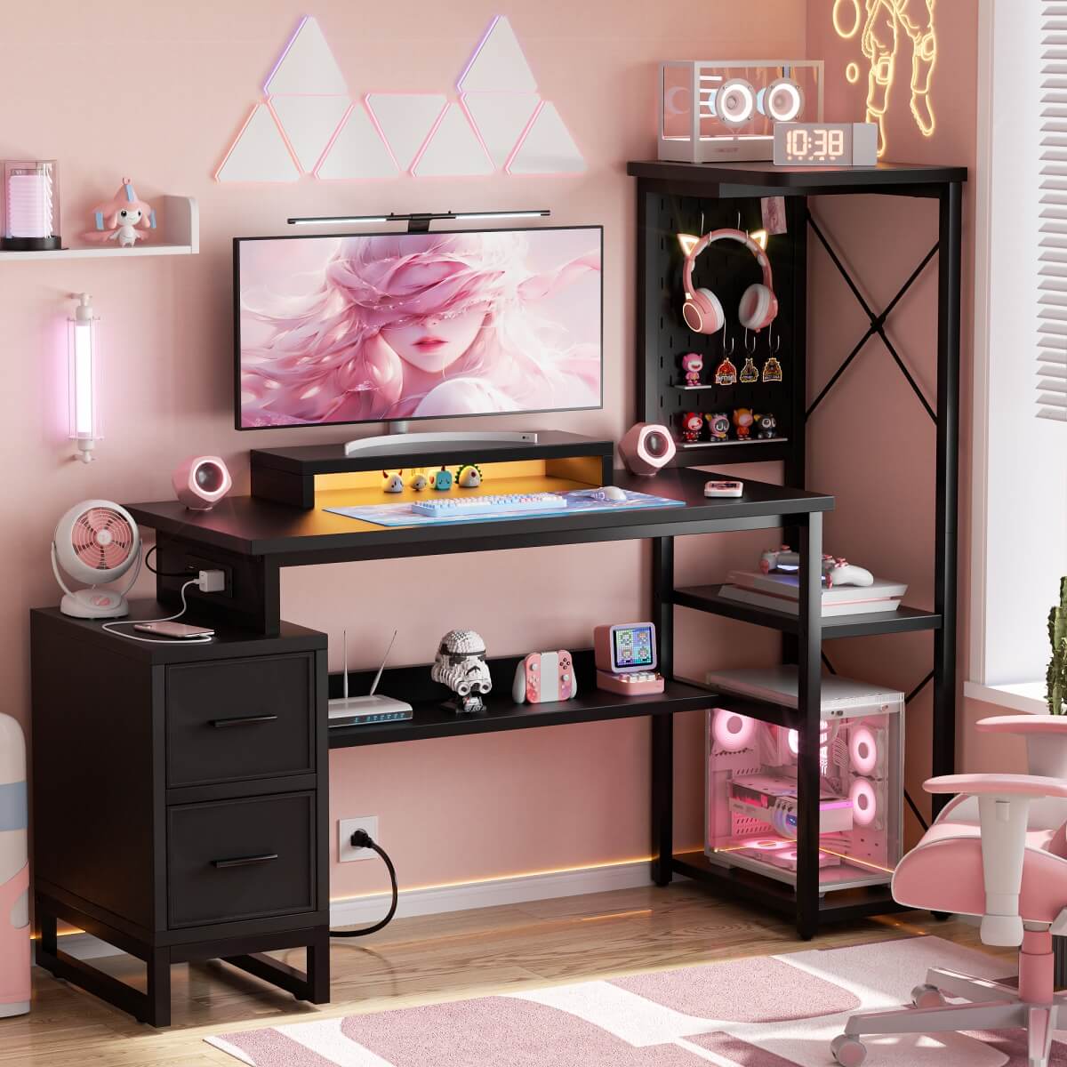 53" Computer Gaming Desk with Pegboard, Outlets, LED Lights, and Drawers