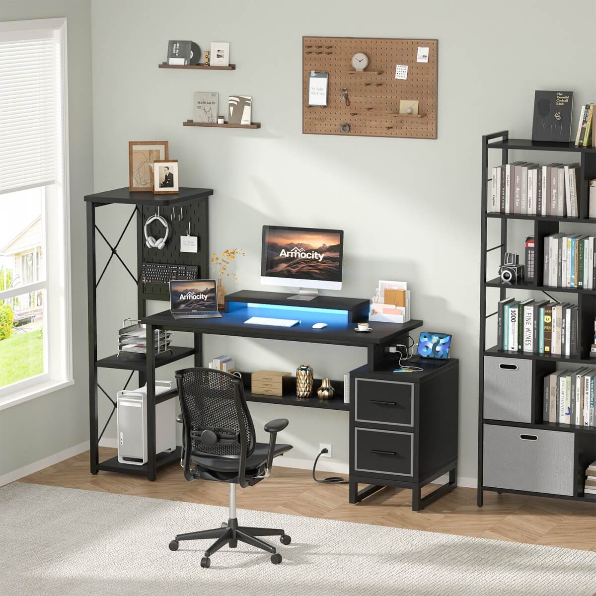 53" Computer Gaming Desk with Pegboard, Outlets, LED Lights, and Drawers