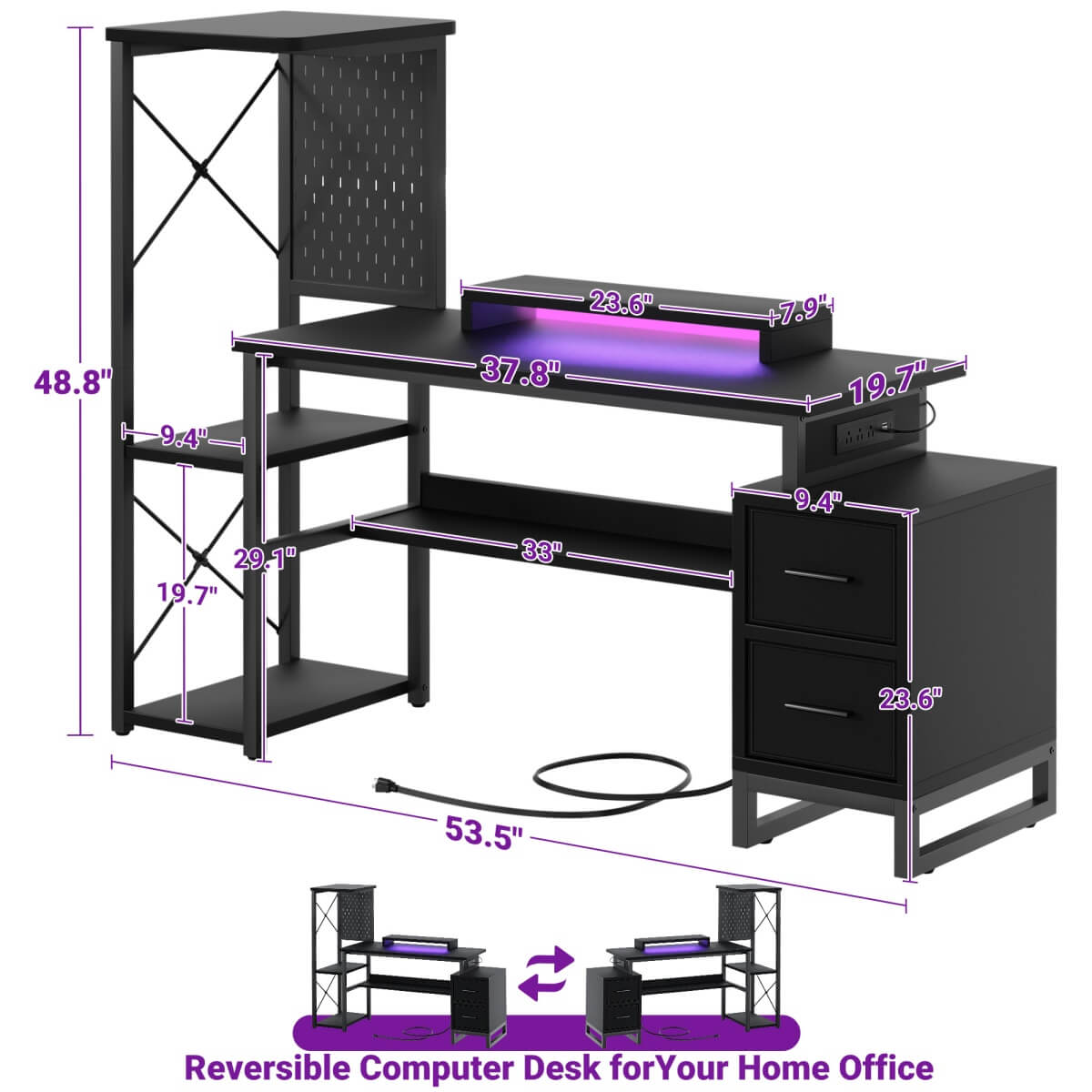 53" Computer Gaming Desk with Pegboard, Outlets, LED Lights, and Drawers