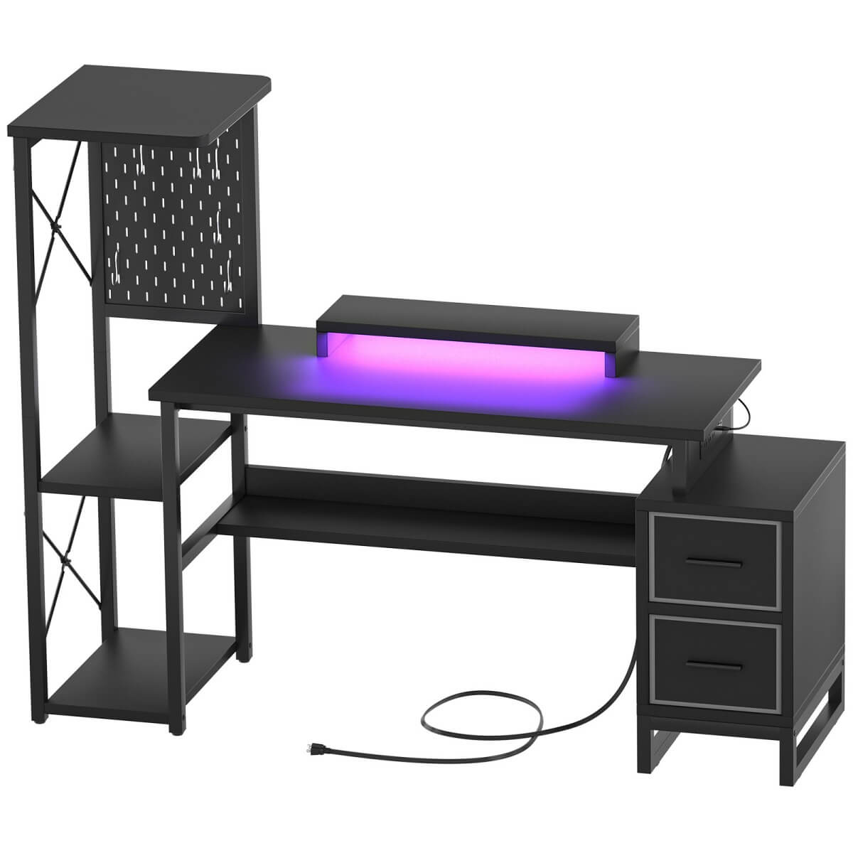53" Computer Gaming Desk with Pegboard, Outlets, LED Lights, and Drawers