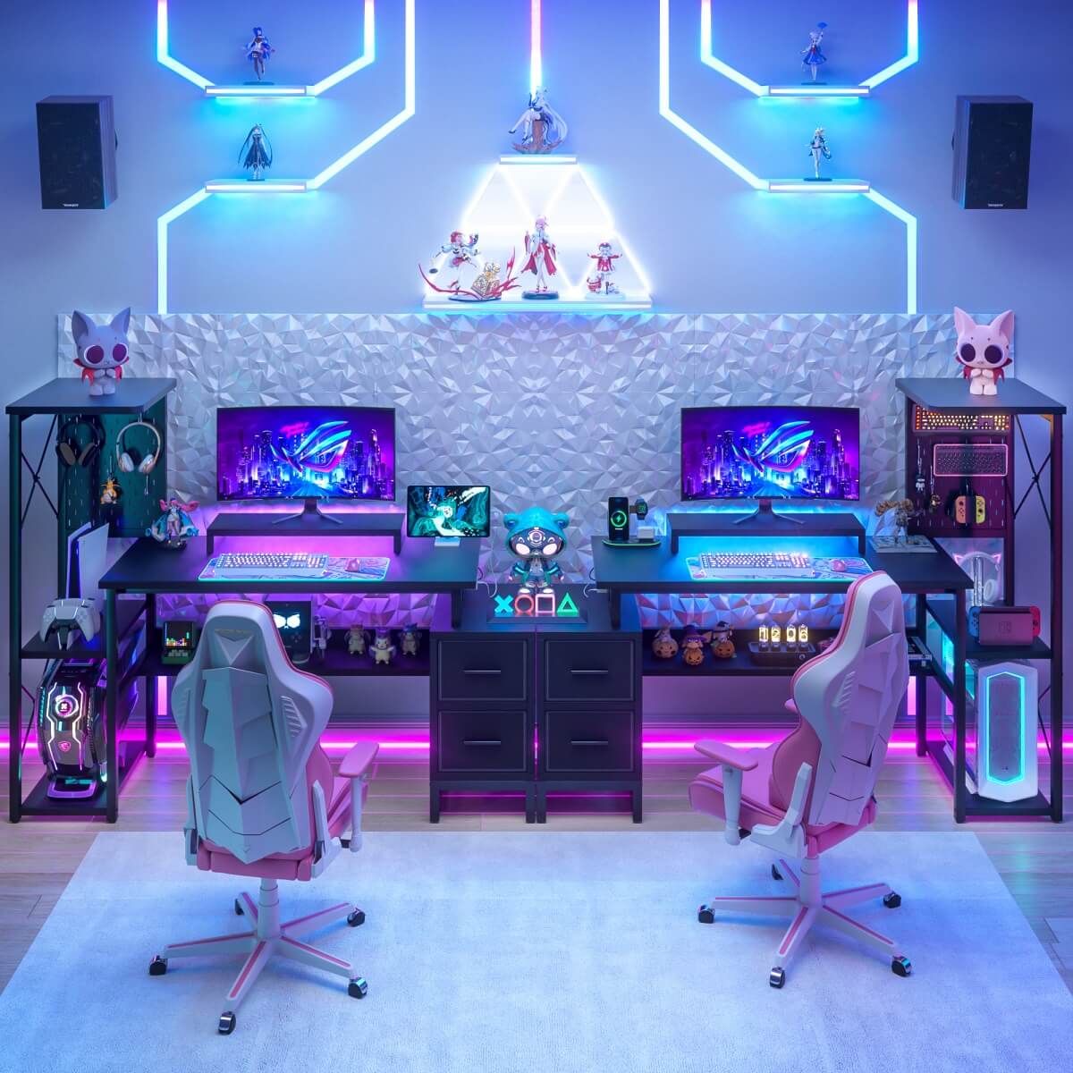 53" Computer Gaming Desk with Pegboard, Outlets, LED Lights, and Drawers
