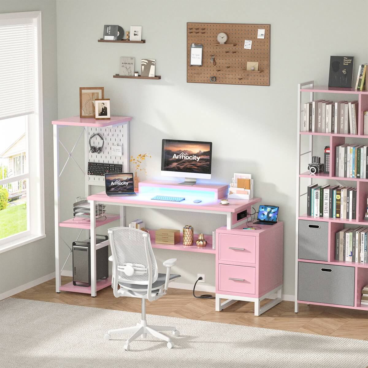 53" Computer Gaming Desk with Pegboard, Outlets, LED Lights, and Drawers