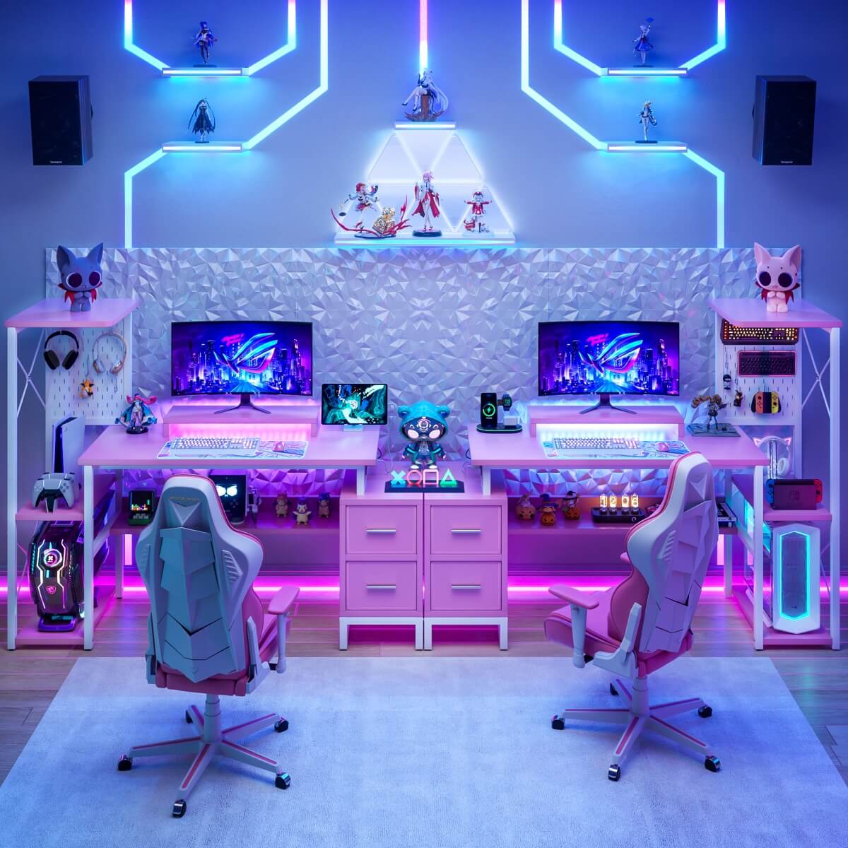 53" Computer Gaming Desk with Pegboard, Outlets, LED Lights, and Drawers