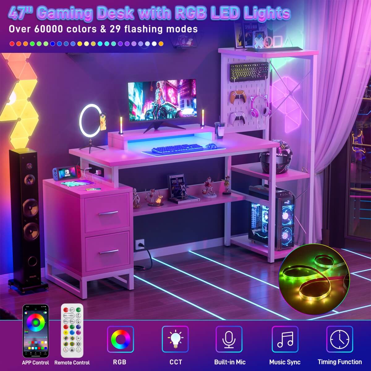 53" Computer Gaming Desk with Pegboard, Outlets, LED Lights, and Drawers