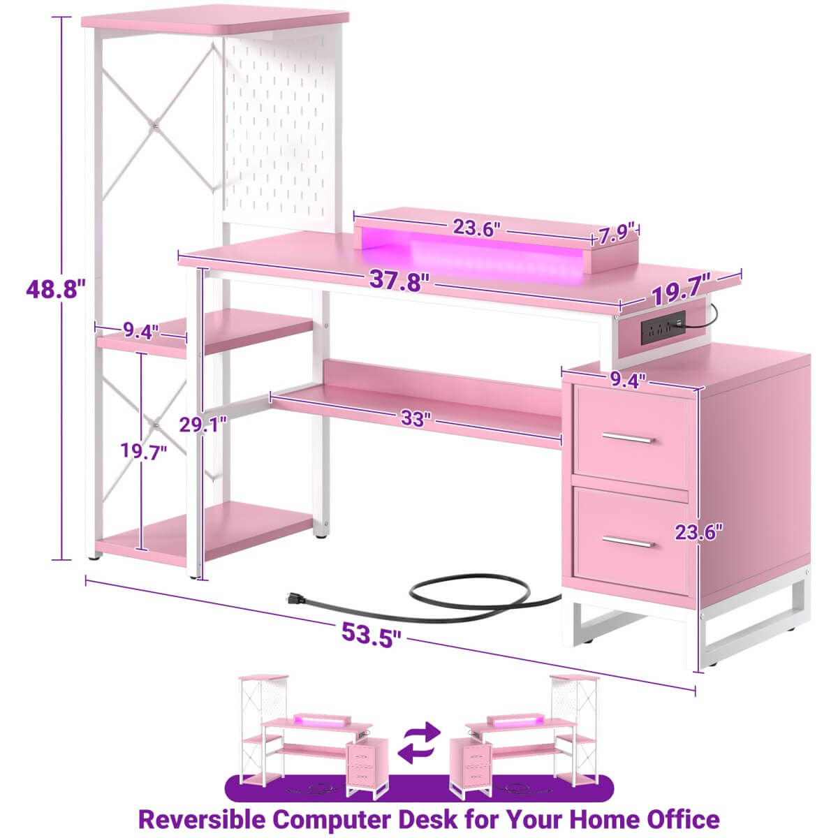 53" Computer Gaming Desk with Pegboard, Outlets, LED Lights, and Drawers