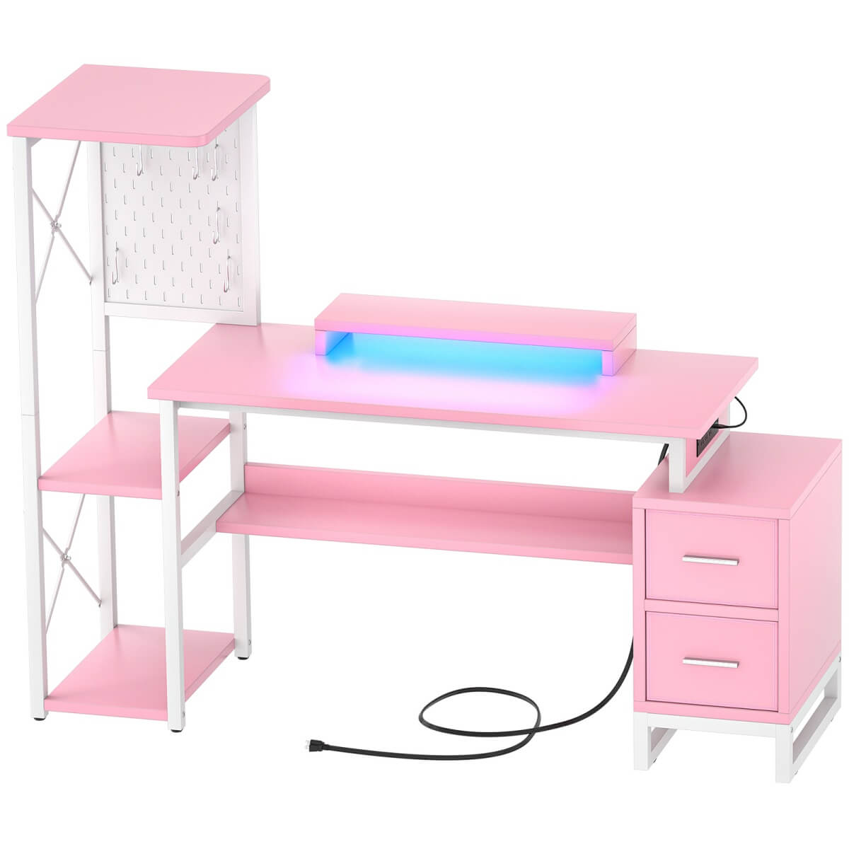 53" Computer Gaming Desk with Pegboard, Outlets, LED Lights, and Drawers