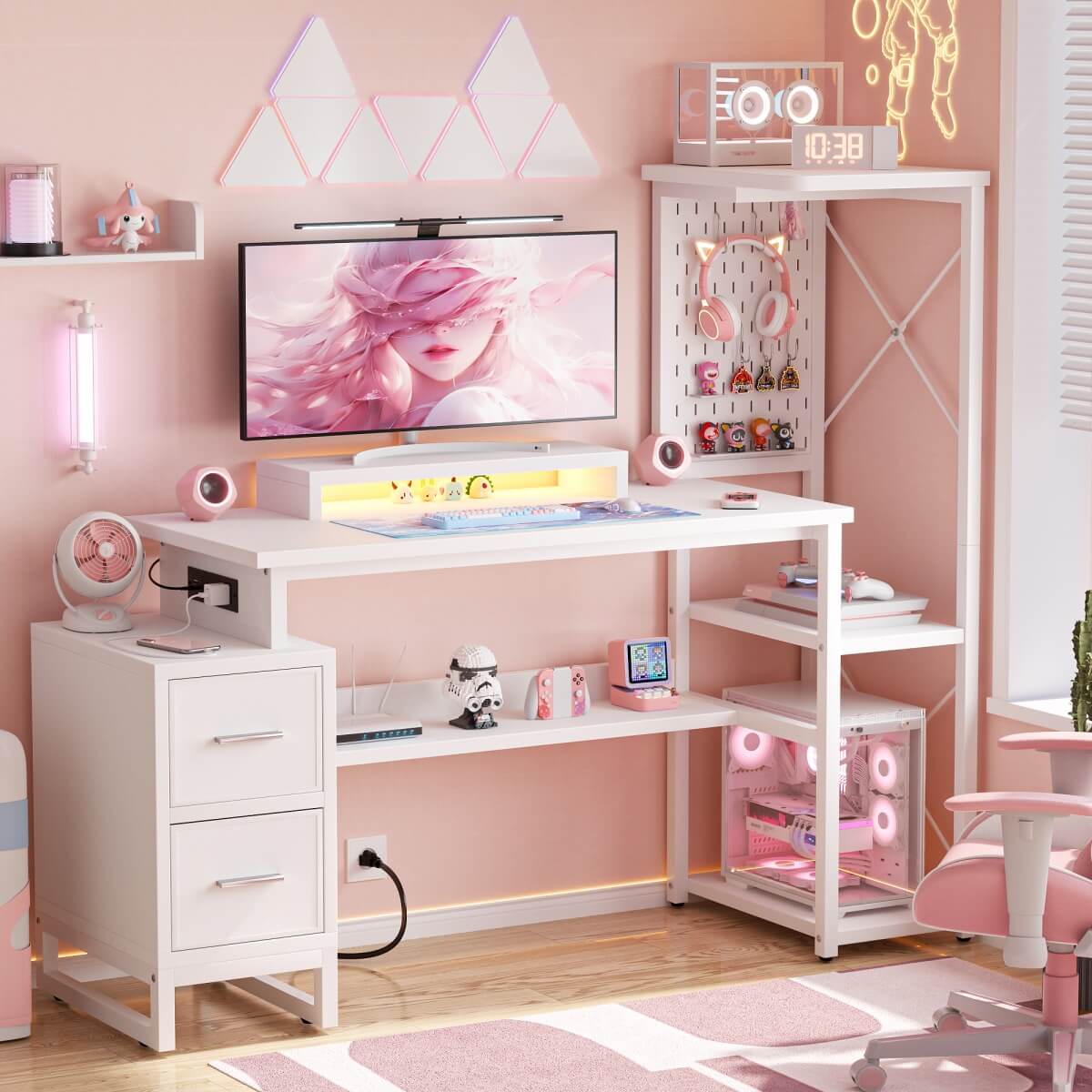 53" Computer Gaming Desk with Pegboard, Outlets, LED Lights, and Drawers