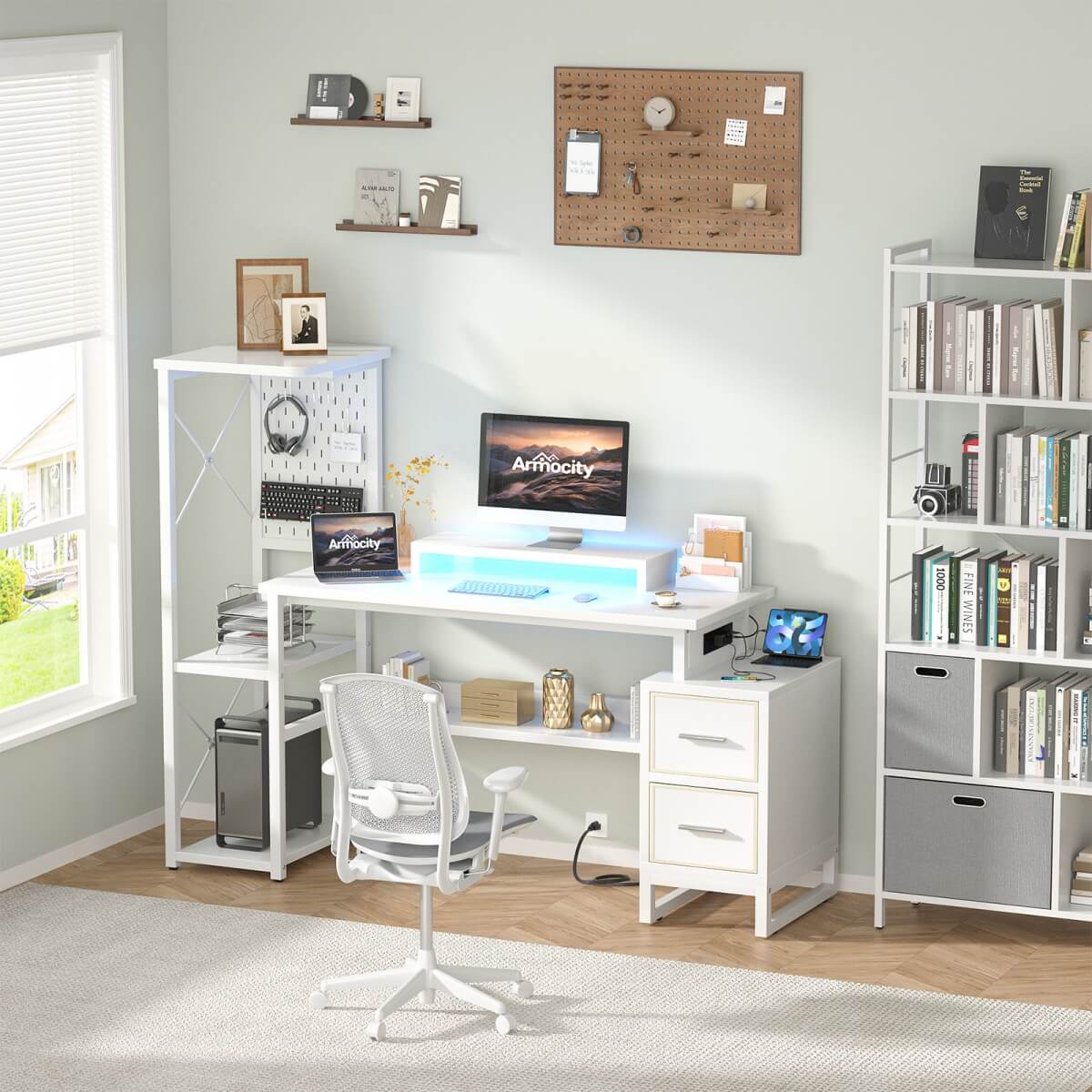 53" Computer Gaming Desk with Pegboard, Outlets, LED Lights, and Drawers