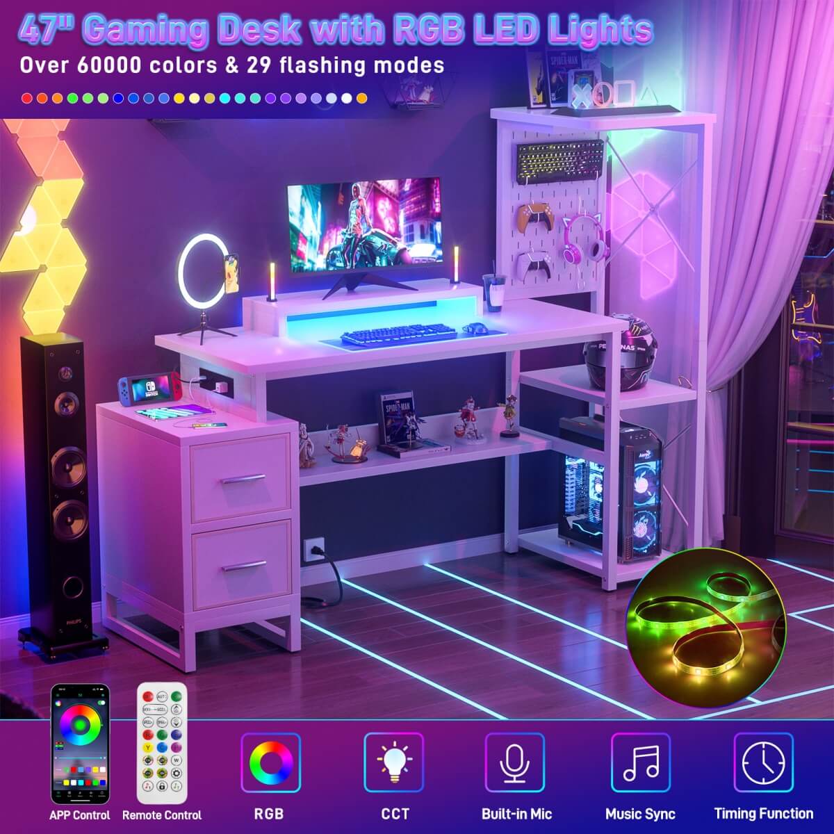 53" Computer Gaming Desk with Pegboard, Outlets, LED Lights, and Drawers