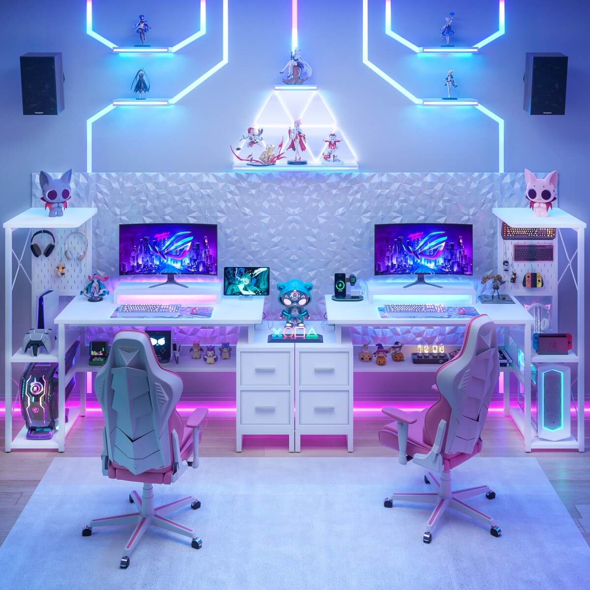 53" Computer Gaming Desk with Pegboard, Outlets, LED Lights, and Drawers