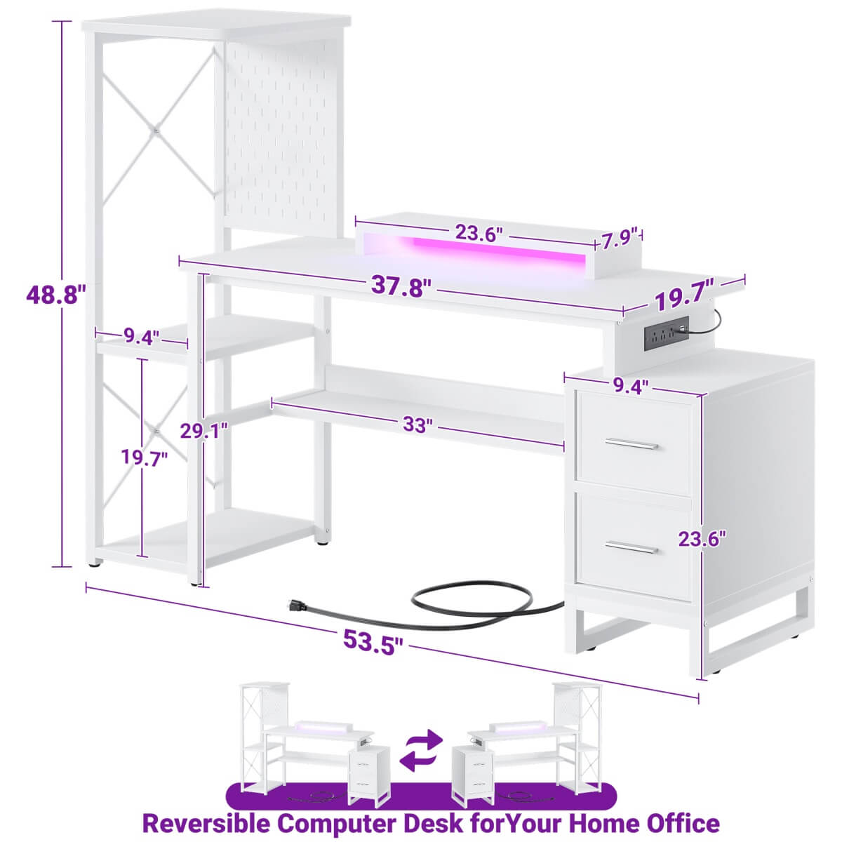 53" Computer Gaming Desk with Pegboard, Outlets, LED Lights, and Drawers