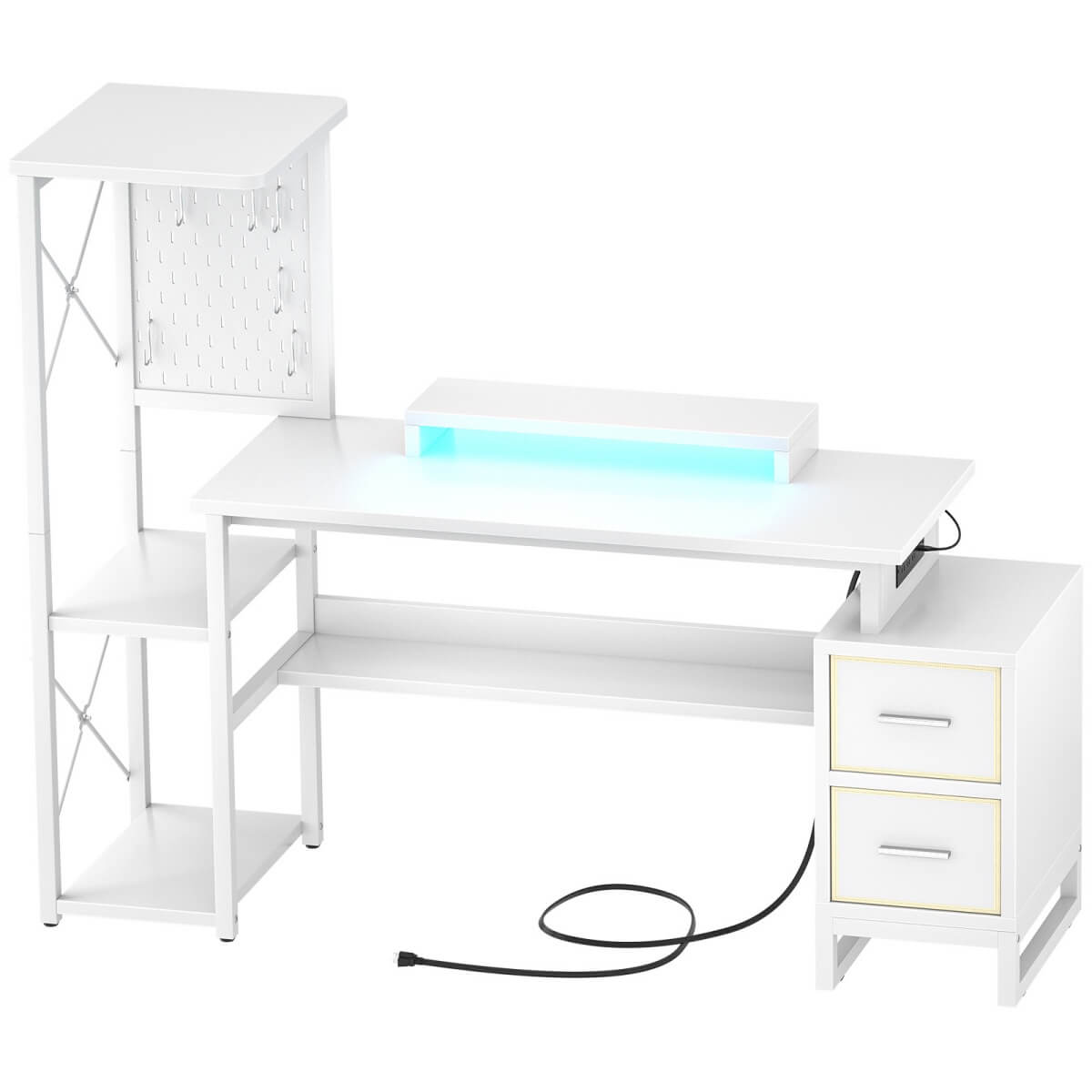 53" Computer Gaming Desk with Pegboard, Outlets, LED Lights, and Drawers