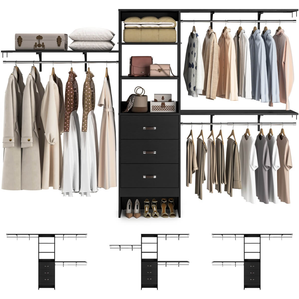 120 Inch Closet System with 3 Drawers, 3 Shelving Towers & Hanging Rods for Walk In Closet, Max Load 1300 LBS
