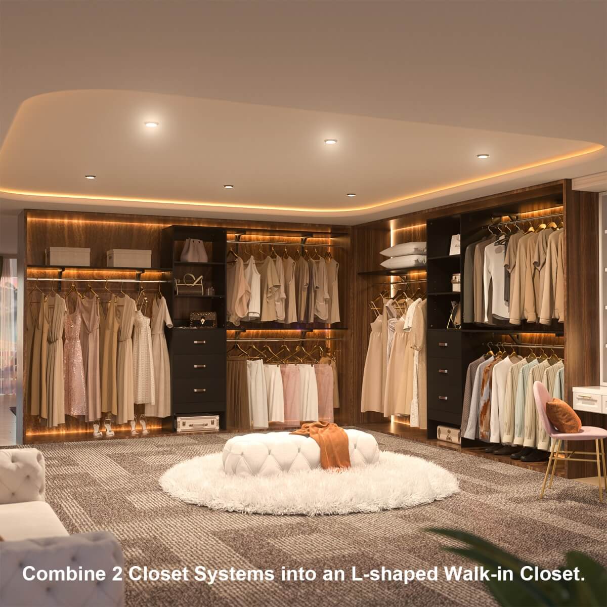 120 Inch Closet System with 3 Drawers, 3 Shelving Towers & Hanging Rods for Walk In Closet, Max Load 1300 LBS