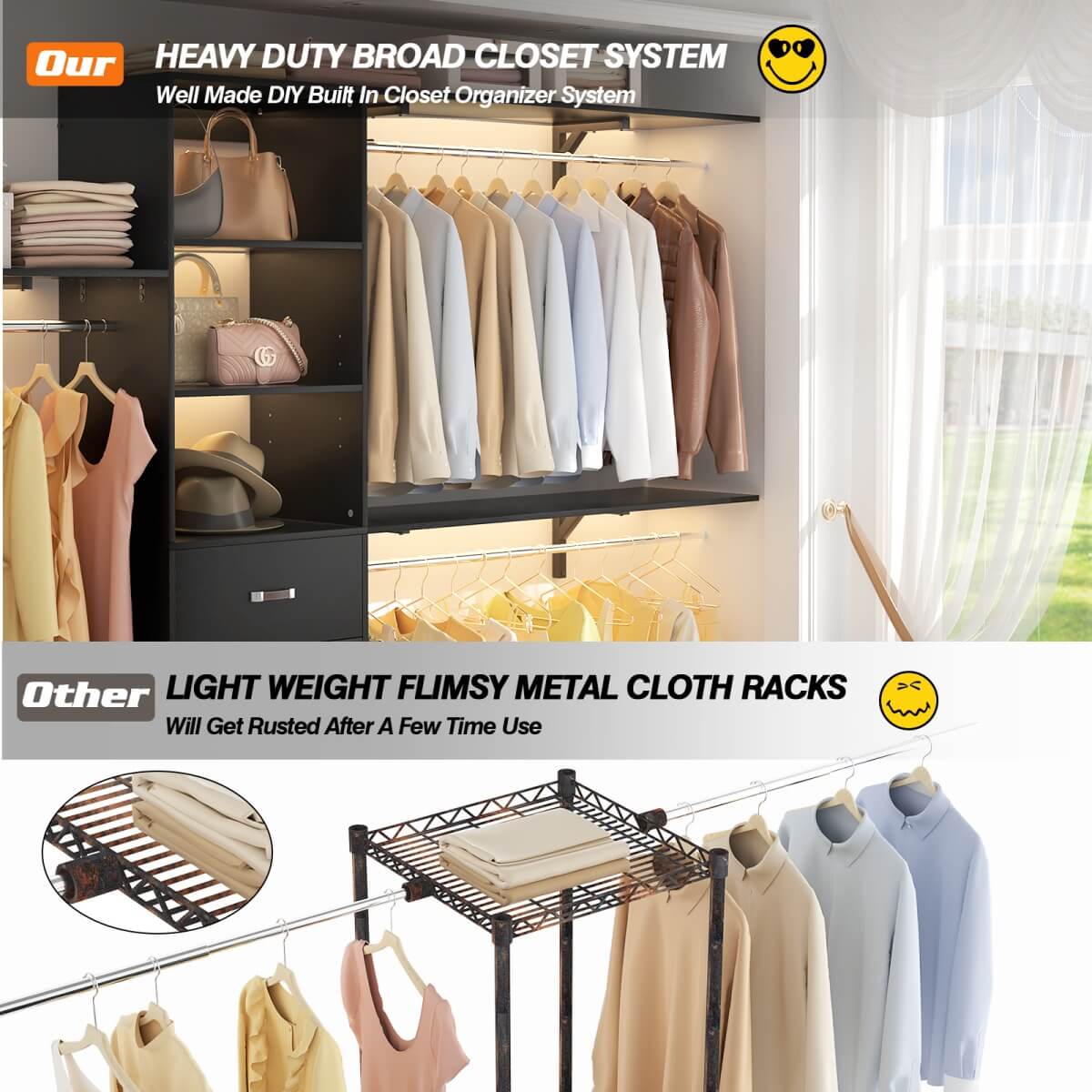 120 Inch Closet System with 3 Drawers, 3 Shelving Towers & Hanging Rods for Walk In Closet, Max Load 1300 LBS
