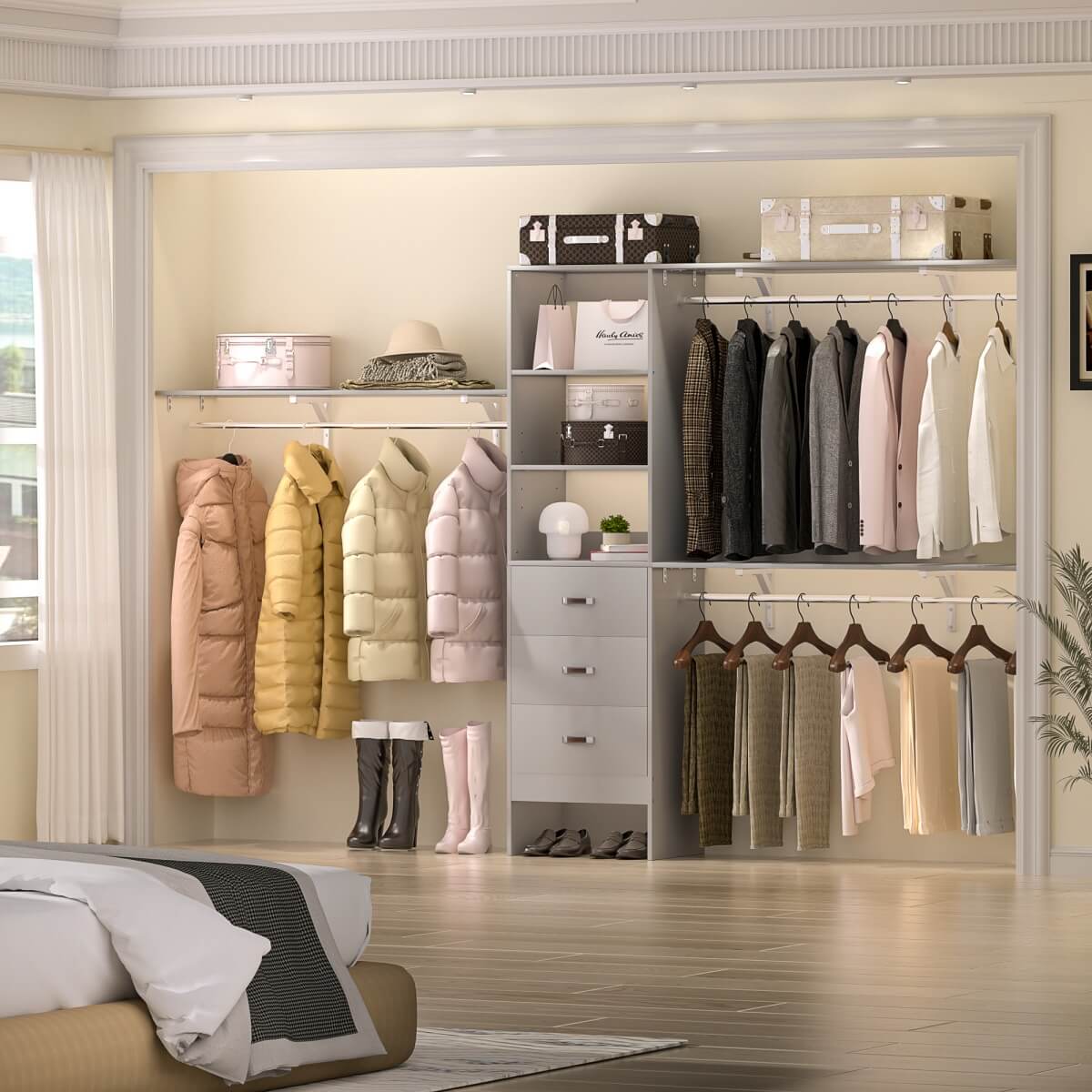120 Inch Closet System with 3 Drawers, 3 Shelving Towers & Hanging Rods for Walk In Closet, Max Load 1300 LBS