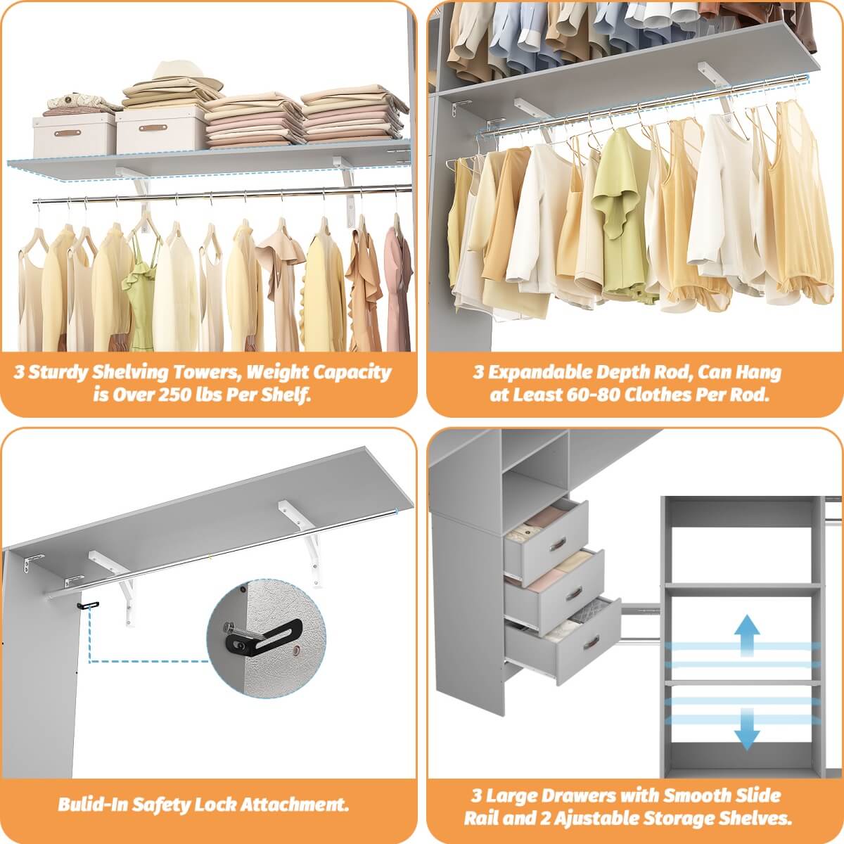 120 Inch Closet System with 3 Drawers, 3 Shelving Towers & Hanging Rods for Walk In Closet, Max Load 1300 LBS
