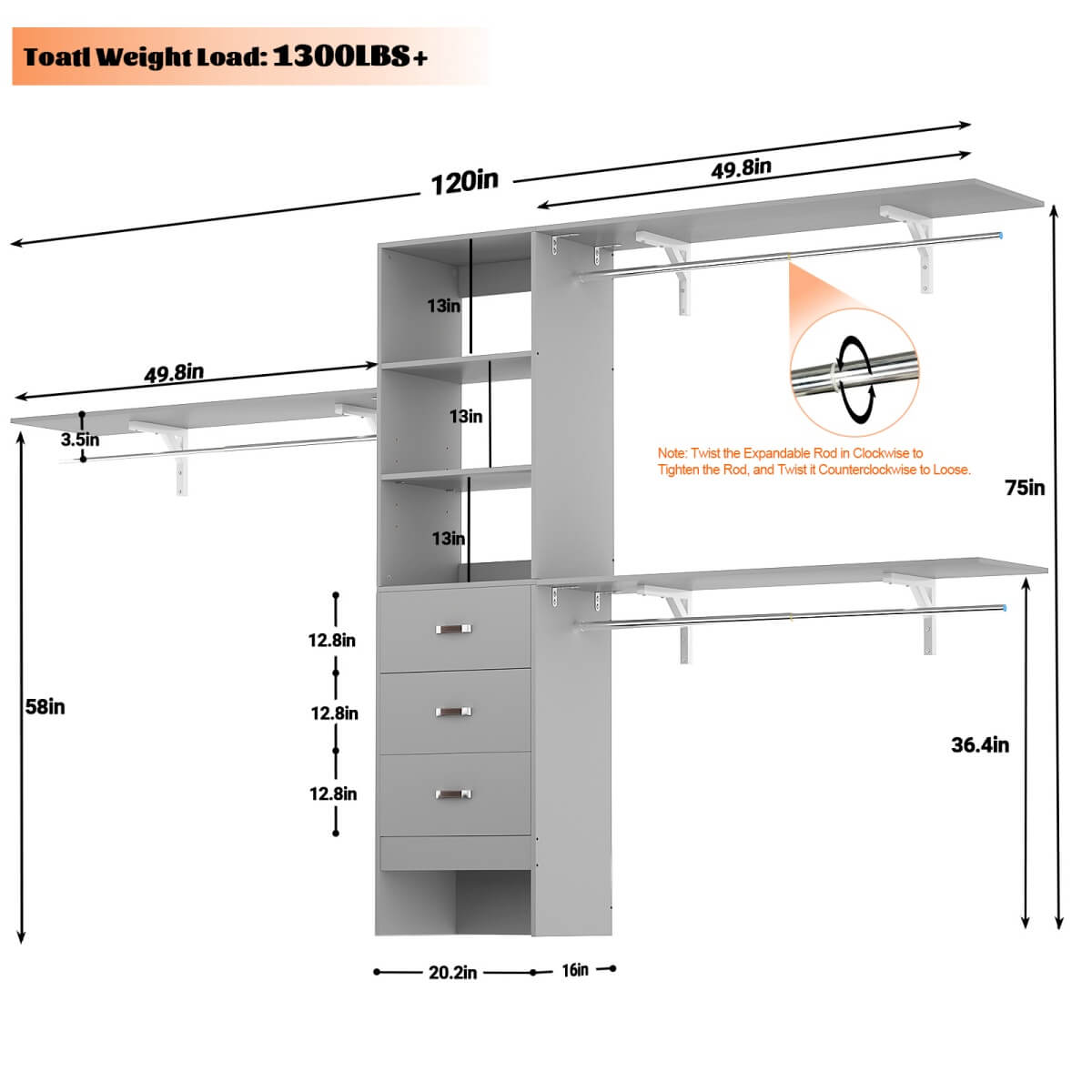120 Inch Closet System with 3 Drawers, 3 Shelving Towers & Hanging Rods for Walk In Closet, Max Load 1300 LBS