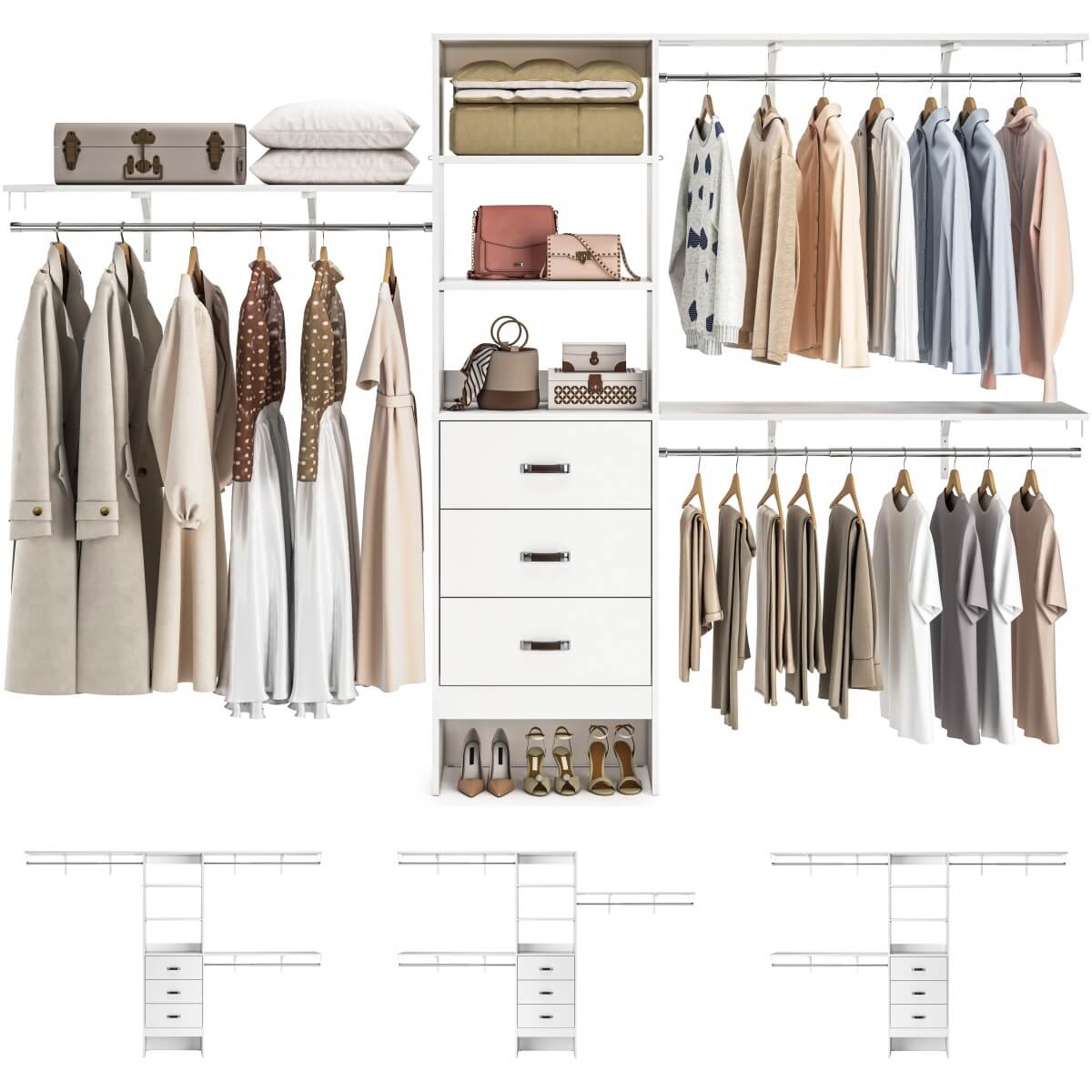 120 Inch Closet System with 3 Drawers, 3 Shelving Towers & Hanging Rods for Walk In Closet, Max Load 1300 LBS