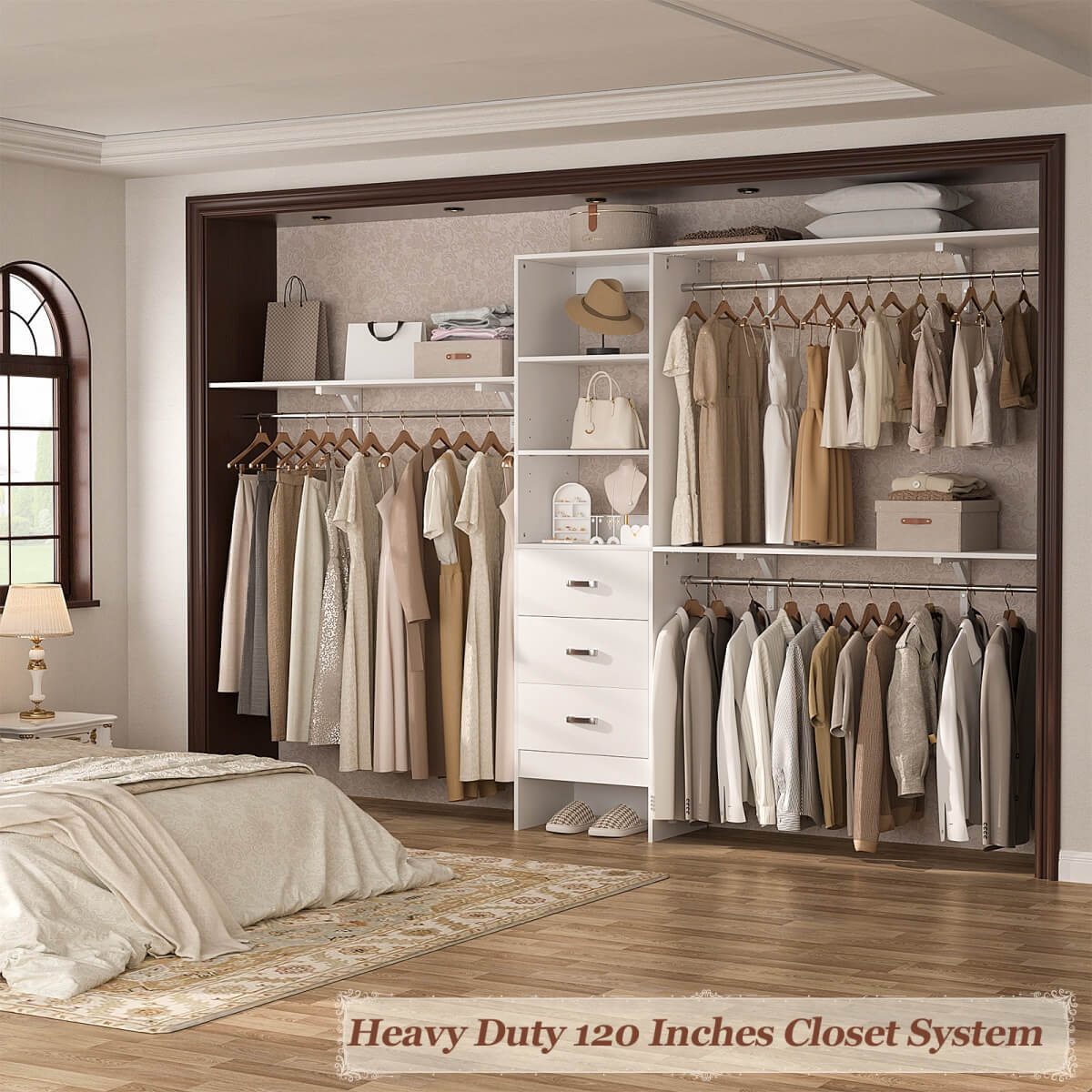 120 Inch Closet System with 3 Drawers, 3 Shelving Towers & Hanging Rods for Walk In Closet, Max Load 1300 LBS