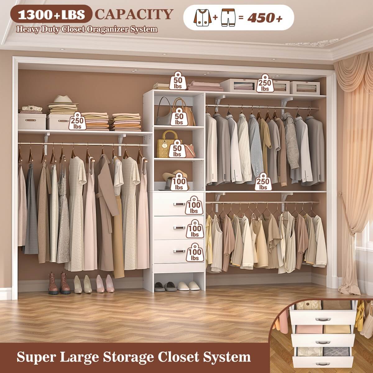 120 Inch Closet System with 3 Drawers, 3 Shelving Towers & Hanging Rods for Walk In Closet, Max Load 1300 LBS