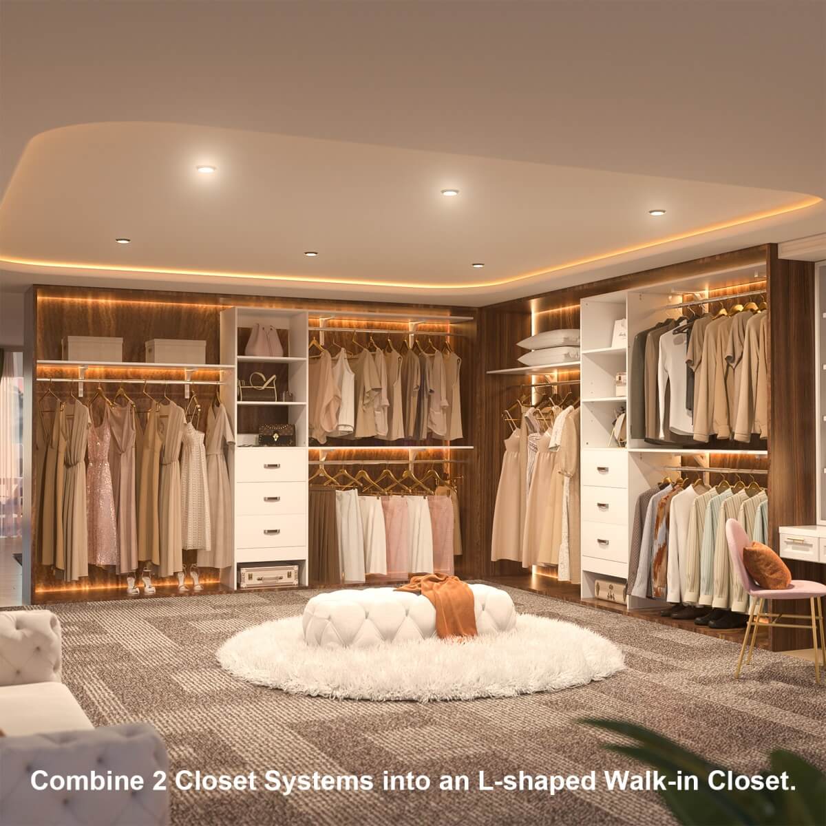 120 Inch Closet System with 3 Drawers, 3 Shelving Towers & Hanging Rods for Walk In Closet, Max Load 1300 LBS