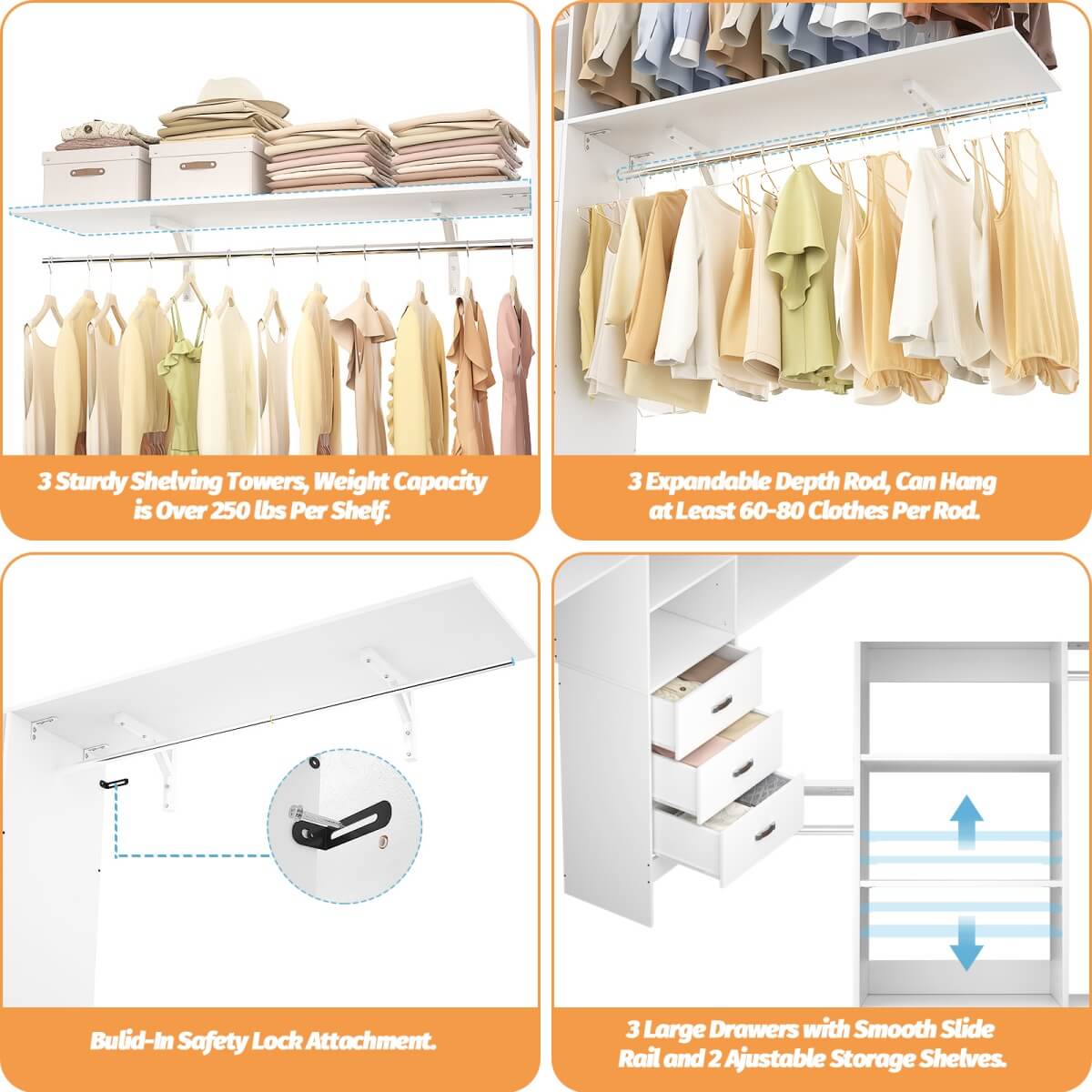120 Inch Closet System with 3 Drawers, 3 Shelving Towers & Hanging Rods for Walk In Closet, Max Load 1300 LBS