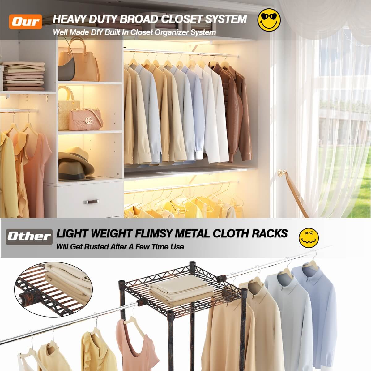 120 Inch Closet System with 3 Drawers, 3 Shelving Towers & Hanging Rods for Walk In Closet, Max Load 1300 LBS