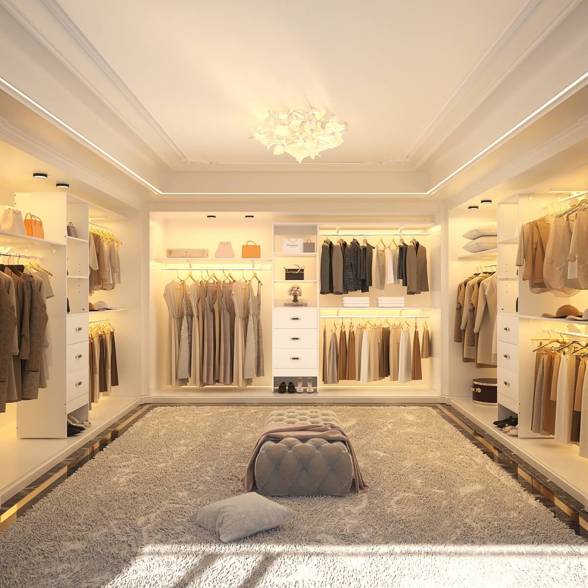 120 Inch Closet System with 3 Drawers, 3 Shelving Towers & Hanging Rods for Walk In Closet, Max Load 1300 LBS