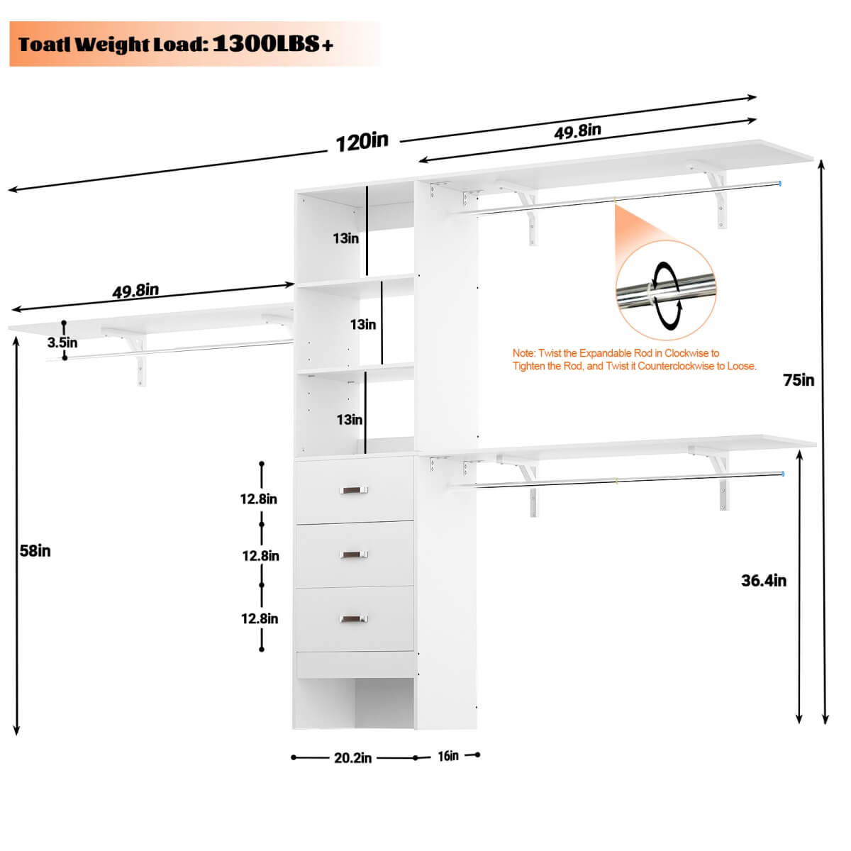 120 Inch Closet System with 3 Drawers, 3 Shelving Towers & Hanging Rods for Walk In Closet, Max Load 1300 LBS