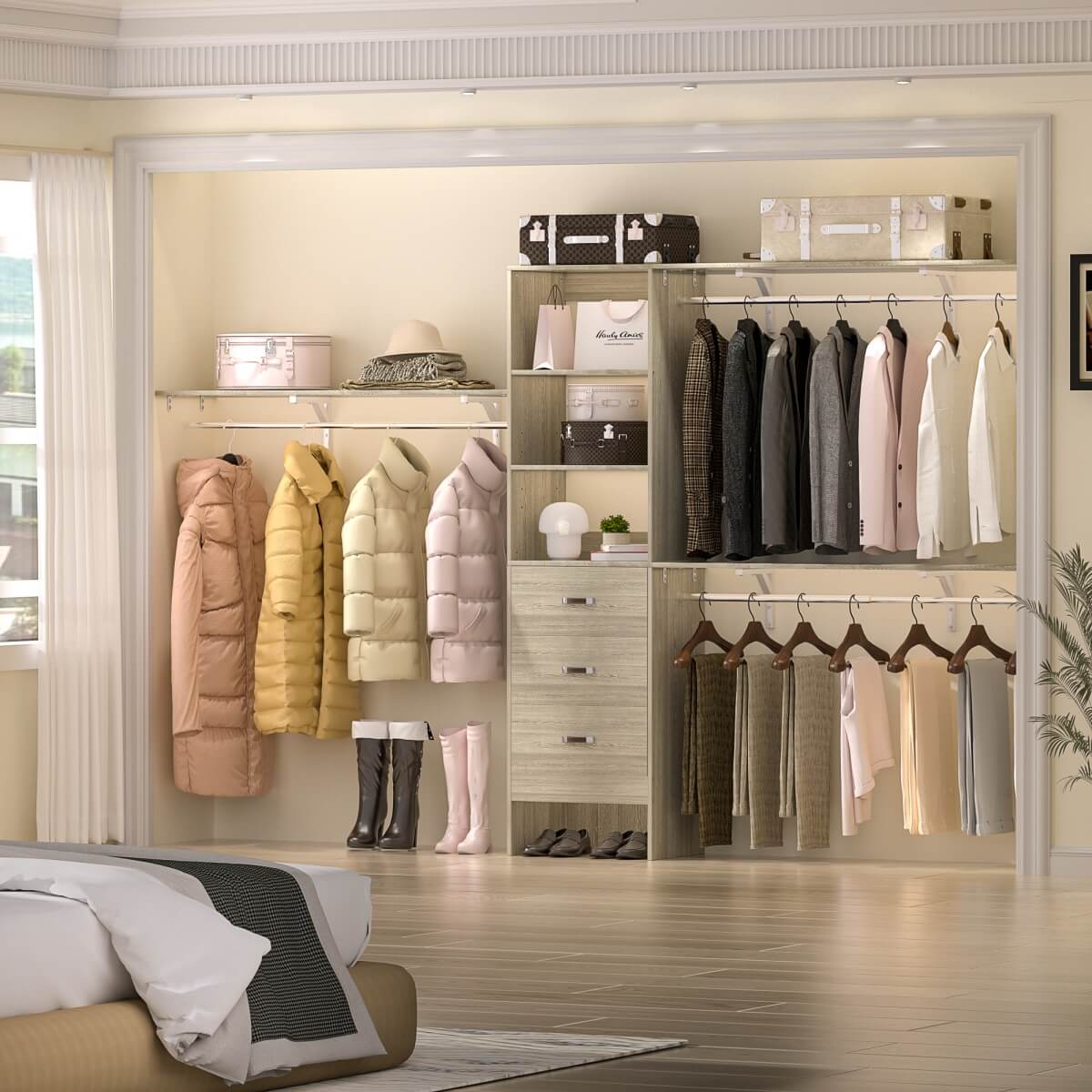 120 Inch Closet System with 3 Drawers, 3 Shelving Towers & Hanging Rods for Walk In Closet, Max Load 1300 LBS
