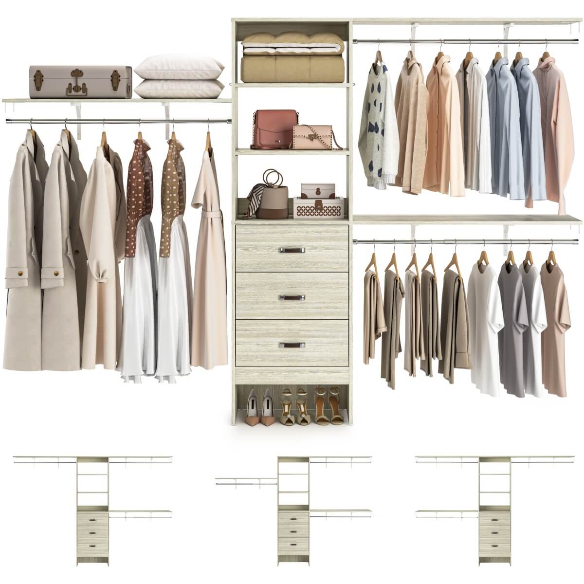 120 Inch Closet System with 3 Drawers, 3 Shelving Towers & Hanging Rods for Walk In Closet, Max Load 1300 LBS