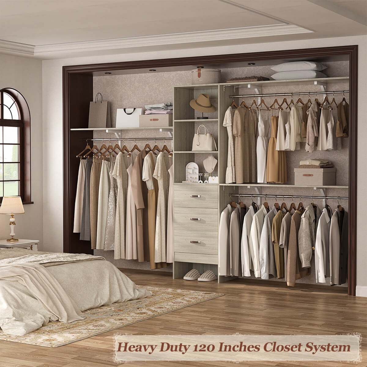 120 Inch Closet System with 3 Drawers, 3 Shelving Towers & Hanging Rods for Walk In Closet, Max Load 1300 LBS