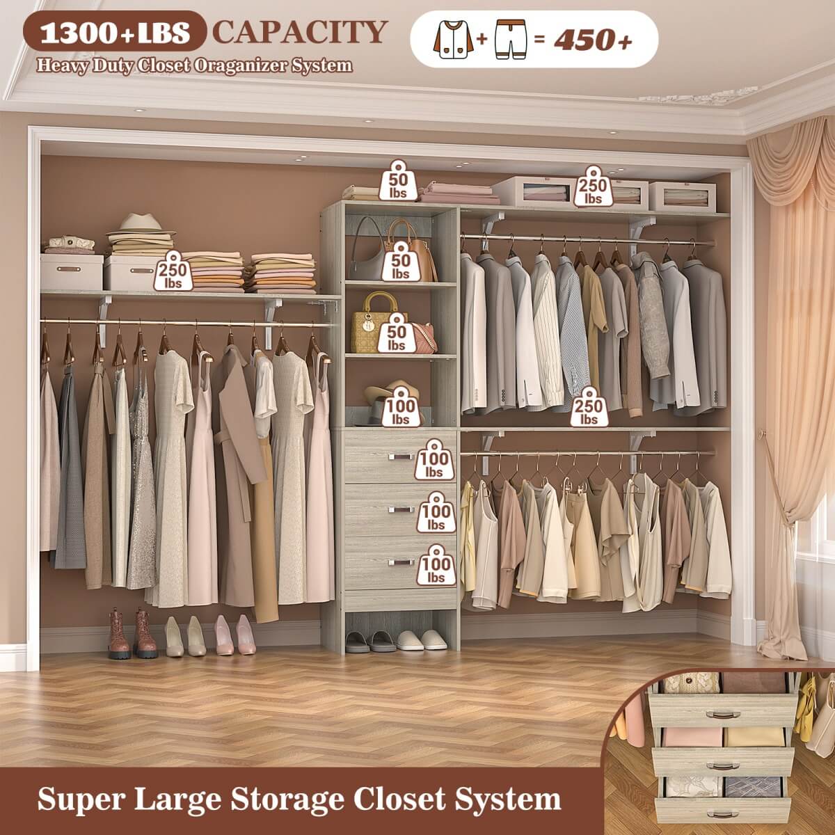 120 Inch Closet System with 3 Drawers, 3 Shelving Towers & Hanging Rods for Walk In Closet, Max Load 1300 LBS