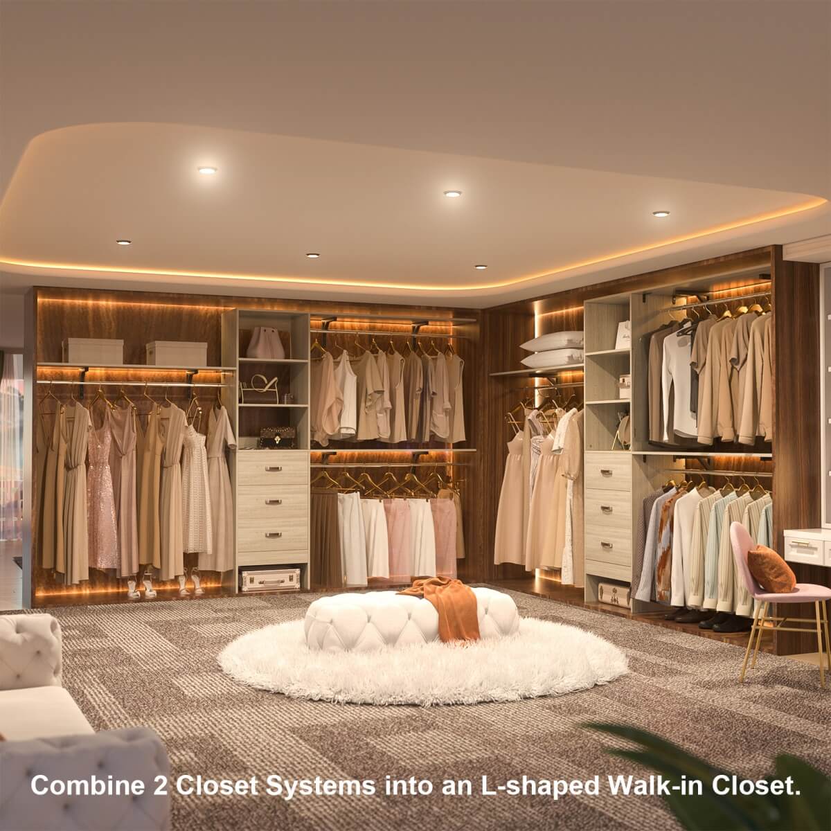 120 Inch Closet System with 3 Drawers, 3 Shelving Towers & Hanging Rods for Walk In Closet, Max Load 1300 LBS