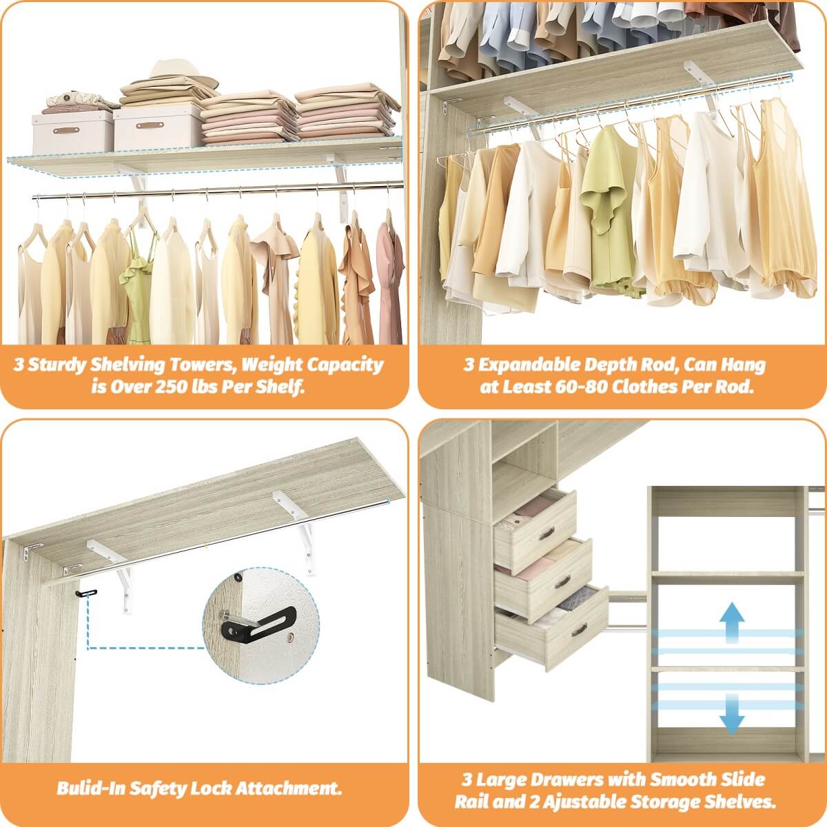 120 Inch Closet System with 3 Drawers, 3 Shelving Towers & Hanging Rods for Walk In Closet, Max Load 1300 LBS