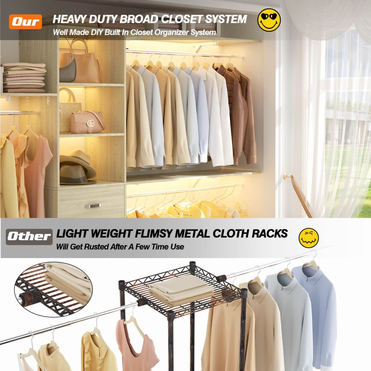 120 Inch Closet System with 3 Drawers, 3 Shelving Towers & Hanging Rods for Walk In Closet, Max Load 1300 LBS