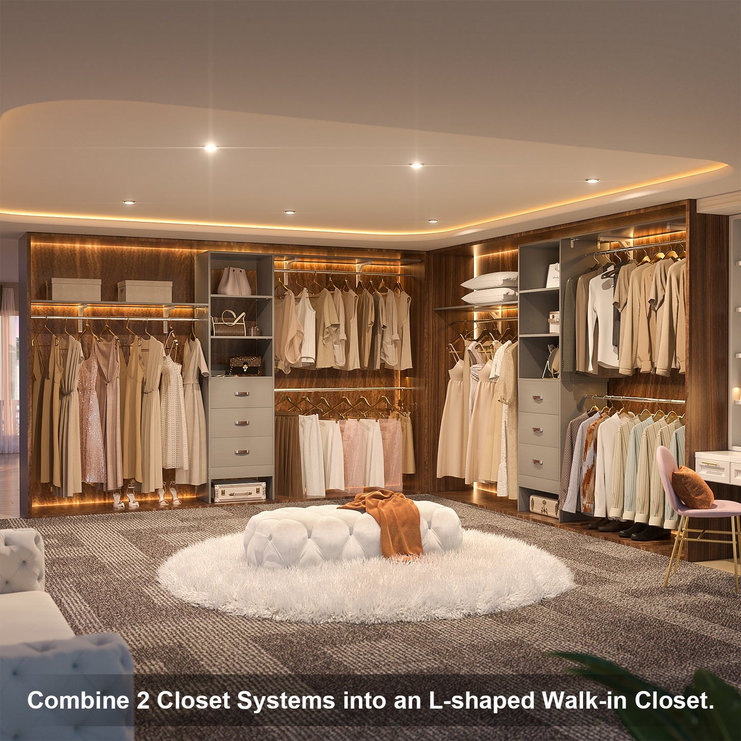 120 Inches Closet System, 10FT Walk In Closet Organizer with 3 Shelving Towers, Heavy Duty Clothes Rack with 3 Drawers