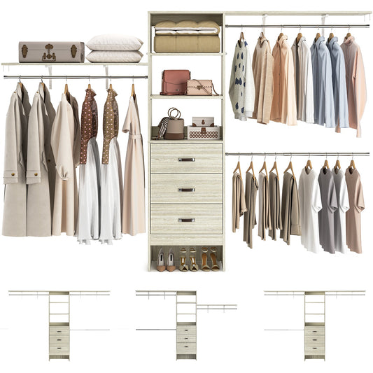 120 Inches Closet System, 10FT Walk In Closet Organizer with 3 Shelving Towers, Heavy Duty Clothes Rack with 3 Drawers