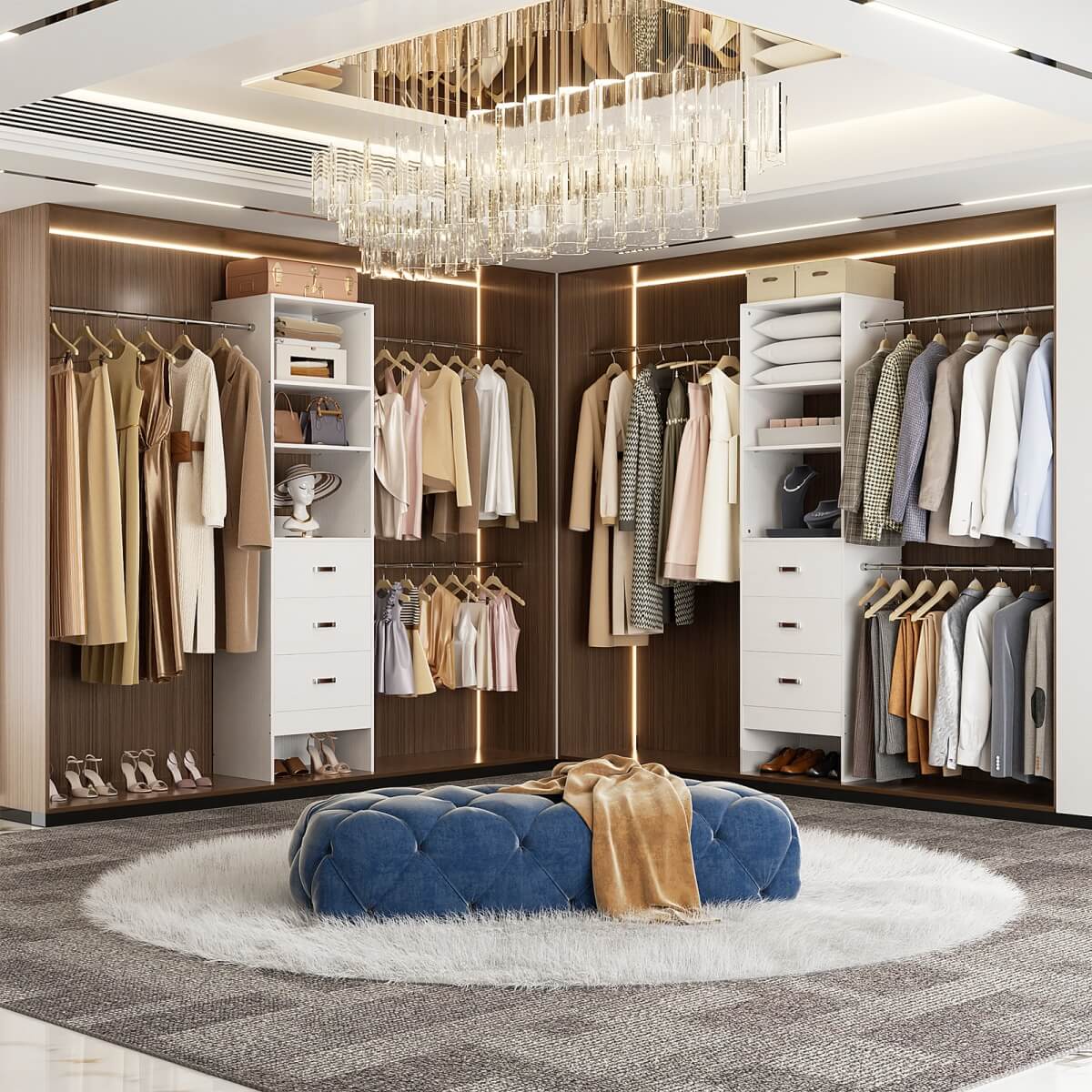96 Inch Closet Organizer System with 3 Drawers & Hanging Rods, 5-8FT Adjustable