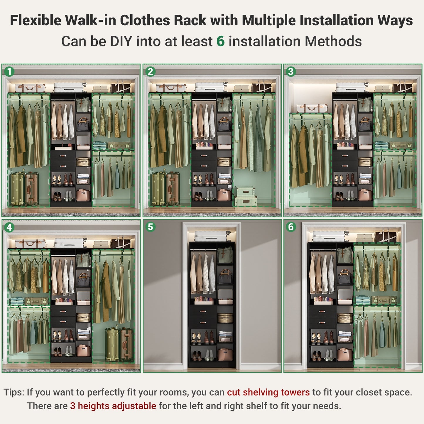 8FT Heavy Duty Wood Closet System, 1500 LBS+ Capacity Wall Mounted Walk-in Closet Organizer