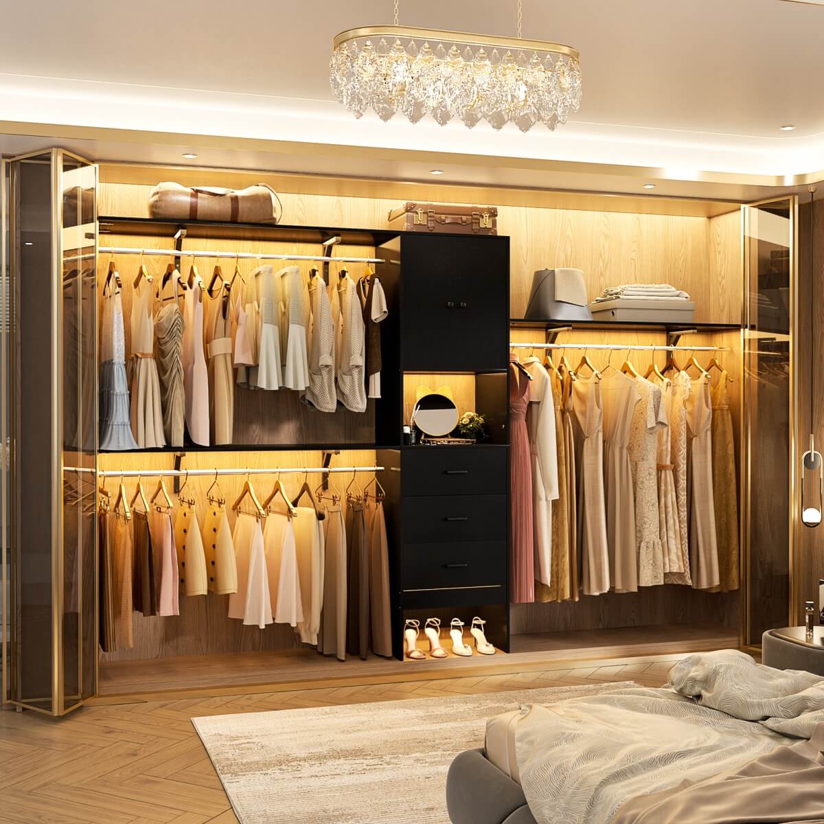 10FT Closet System with Drawers & Hanging Rods, 120'' Closet Organizer with Doors, Holds 1300 LBS
