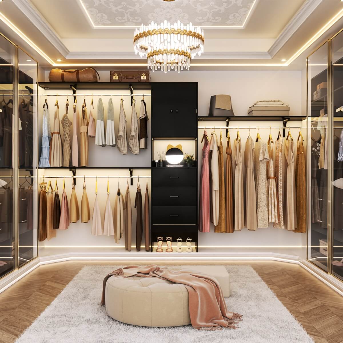 10FT Closet System with Drawers & Hanging Rods, 120'' Closet Organizer with Doors, Holds 1300 LBS