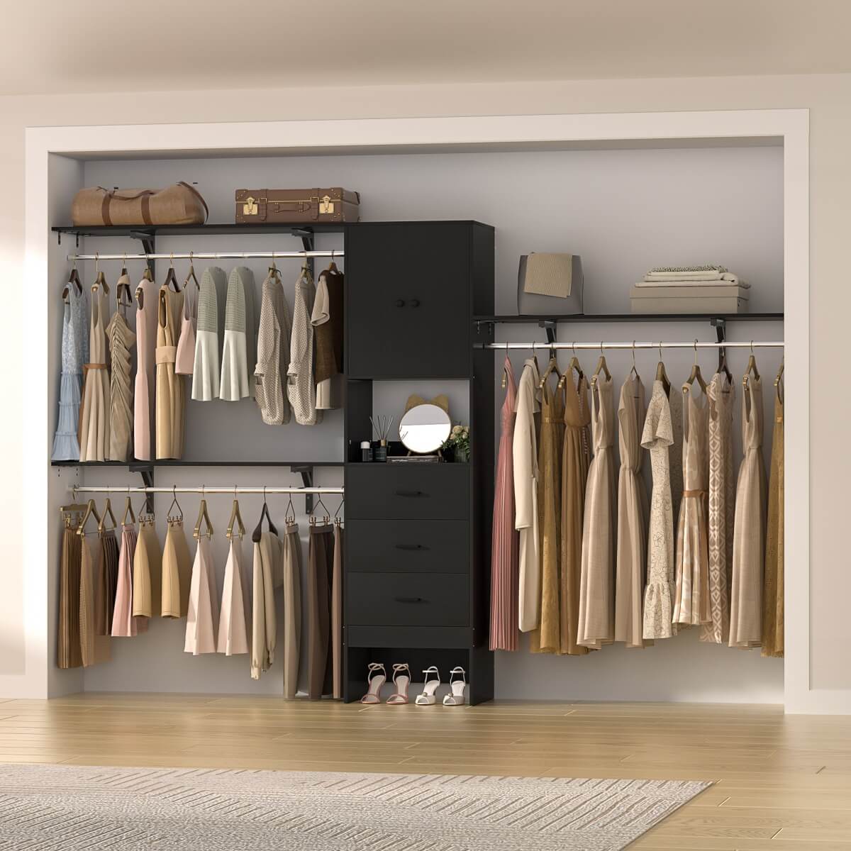 10FT Closet System with Drawers & Hanging Rods, 120'' Closet Organizer with Doors, Holds 1300 LBS