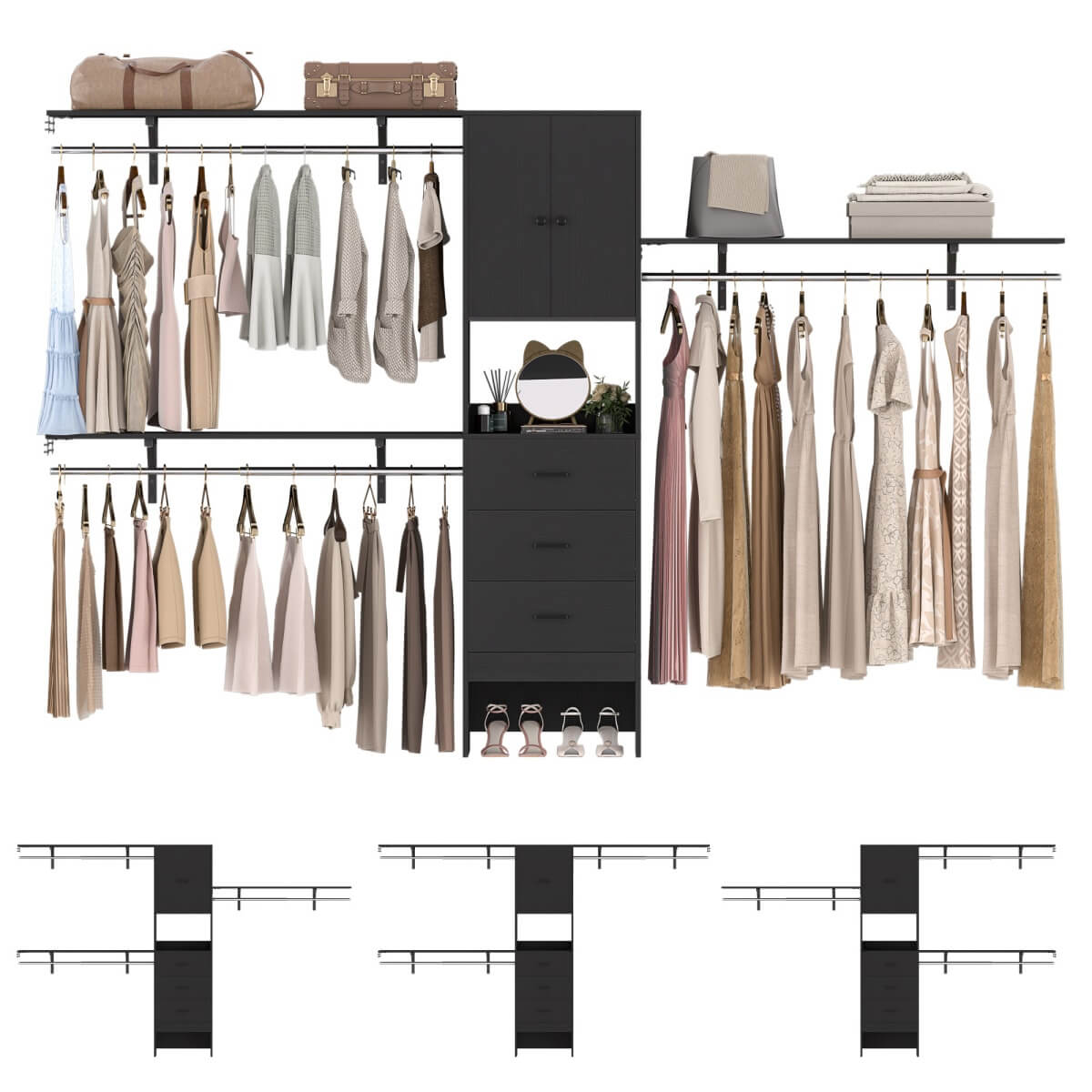 10FT Closet System with Drawers & Hanging Rods, 120'' Closet Organizer with Doors, Holds 1300 LBS