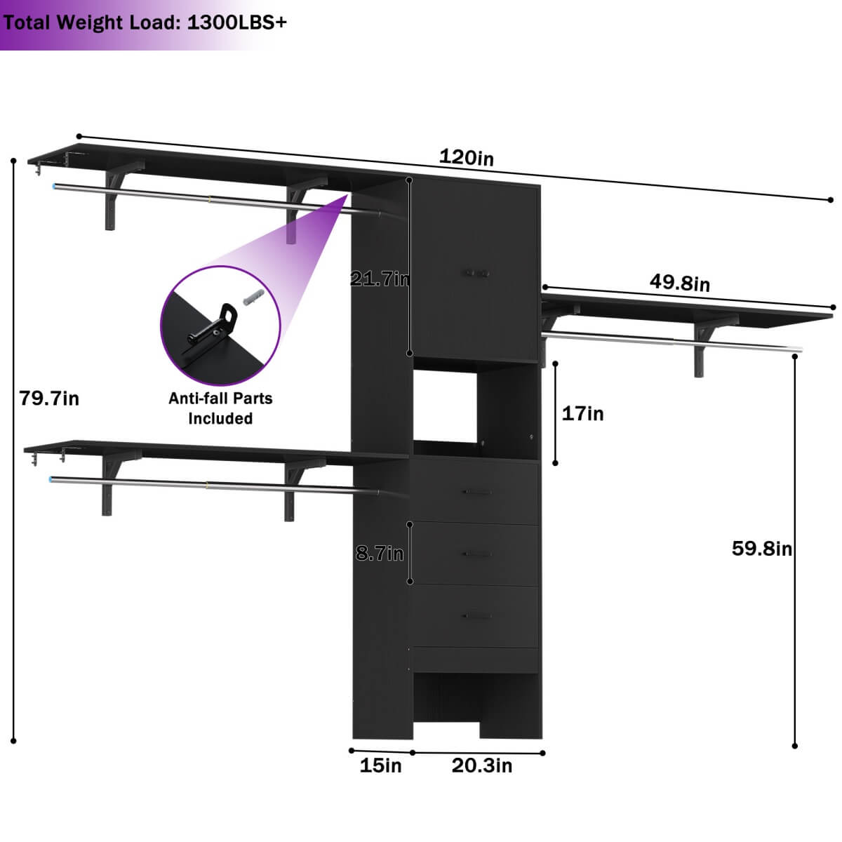 10FT Closet System with Drawers & Hanging Rods, 120'' Closet Organizer with Doors, Holds 1300 LBS