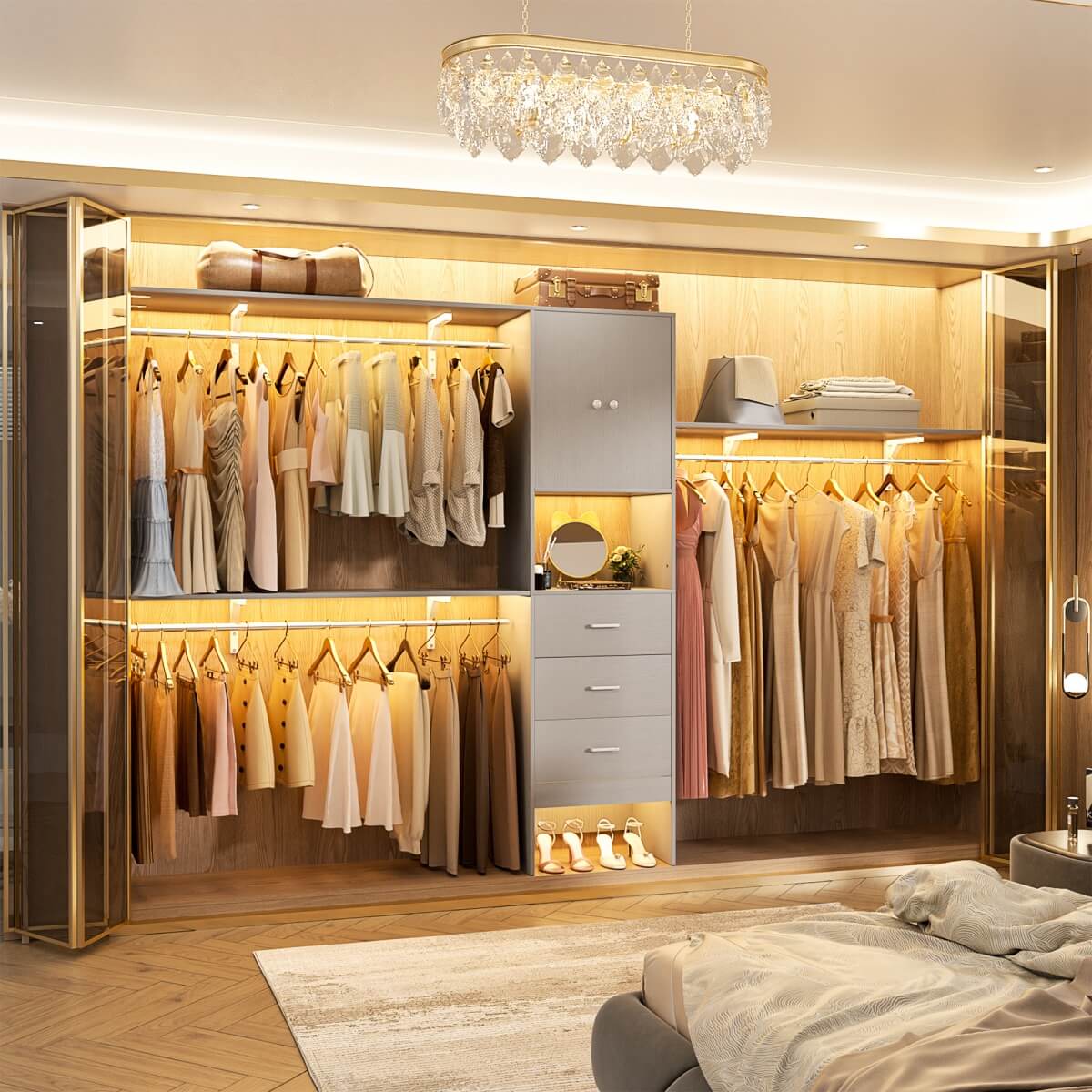 10FT Closet System with Drawers & Hanging Rods, 120'' Closet Organizer with Doors, Holds 1300 LBS